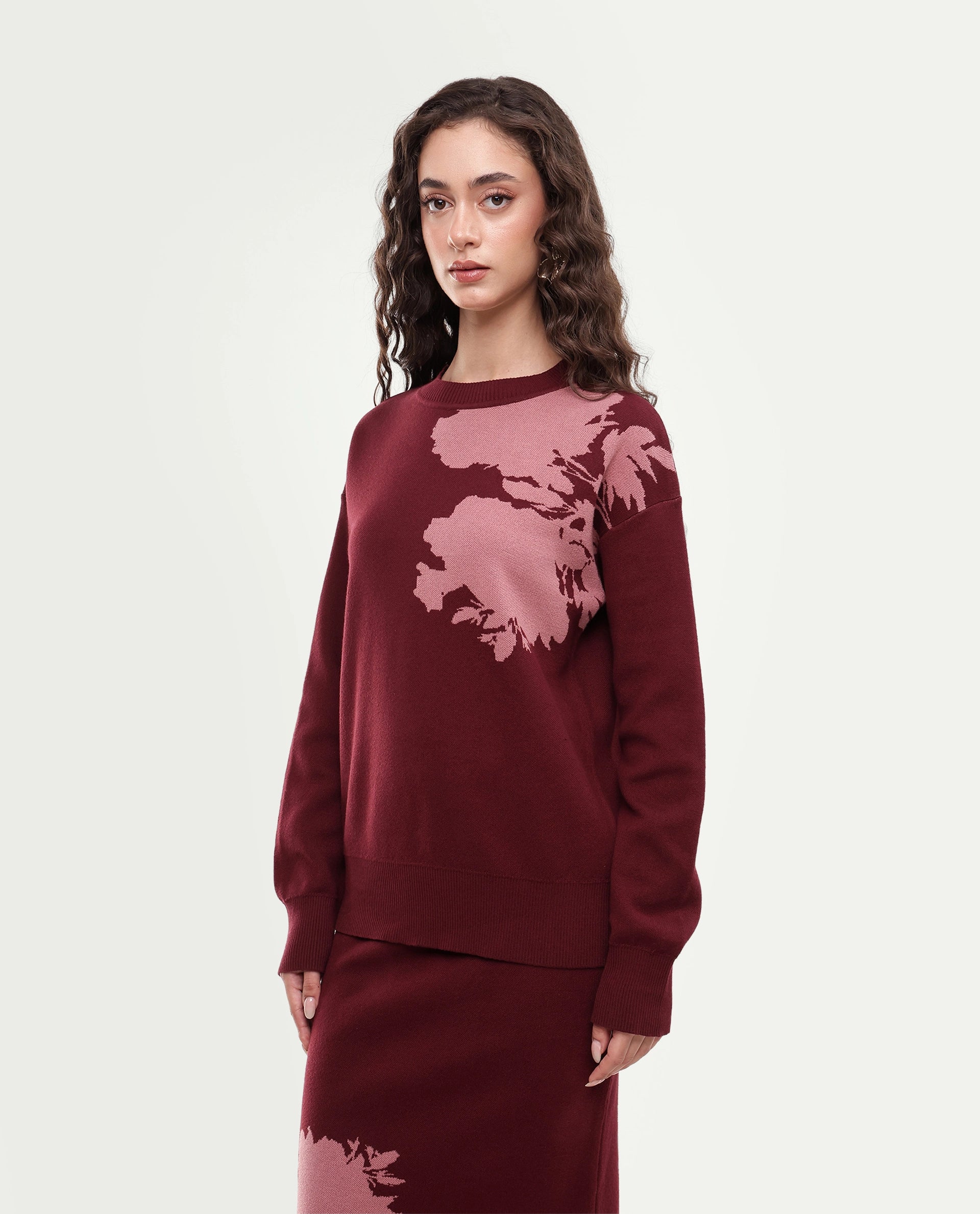 Rareism Women's Lacqua-T Dark Maroon Cotton Pull-On Relaxed Fit Floral Print Sweater