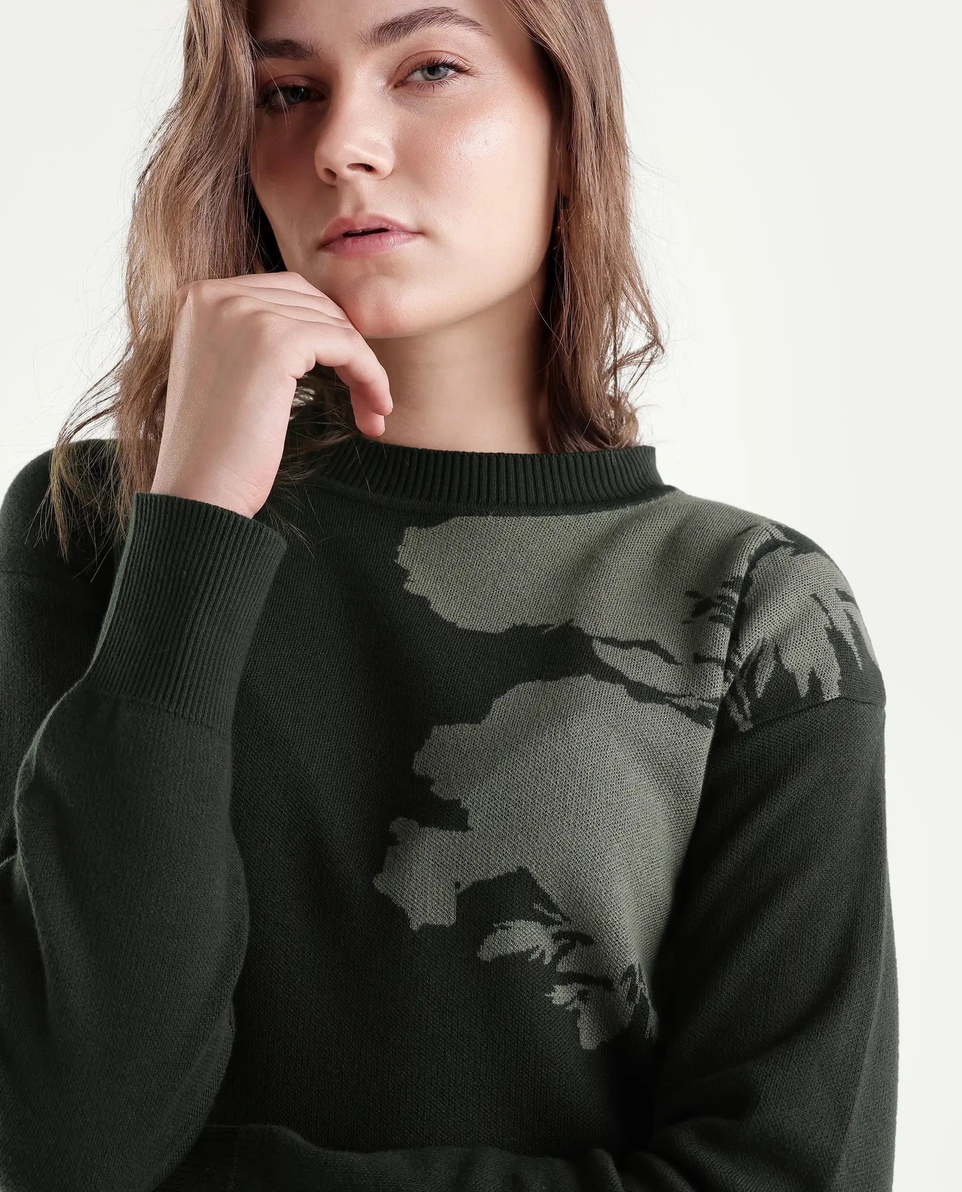 Rareism Women's Lacqua-T Dark Olive Cotton Pull-On Relaxed Fit Floral Print Sweater