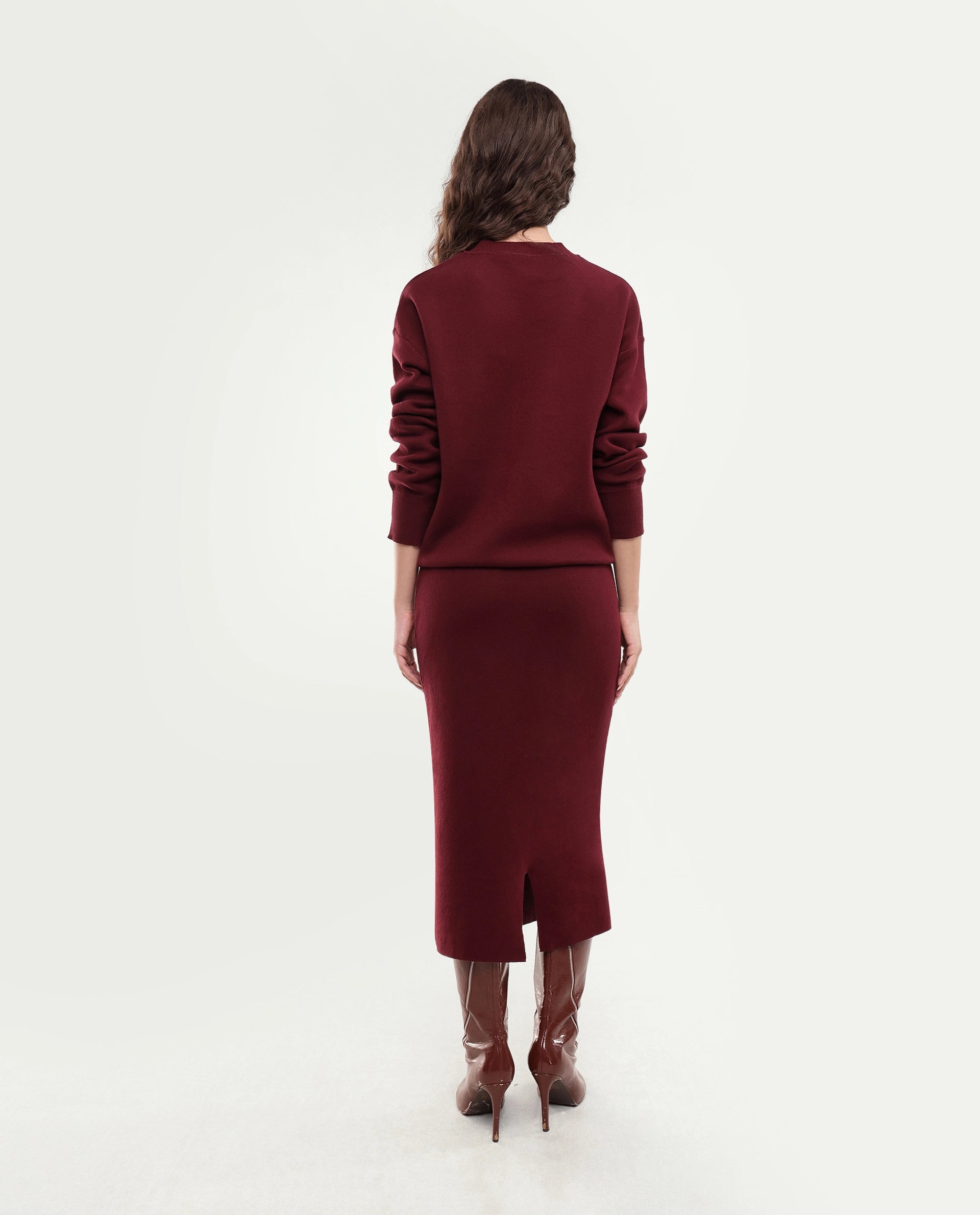 Rareism Women's Lacqua-B Dark Maroon Cotton Pull-On Straight Jacquard Skirt