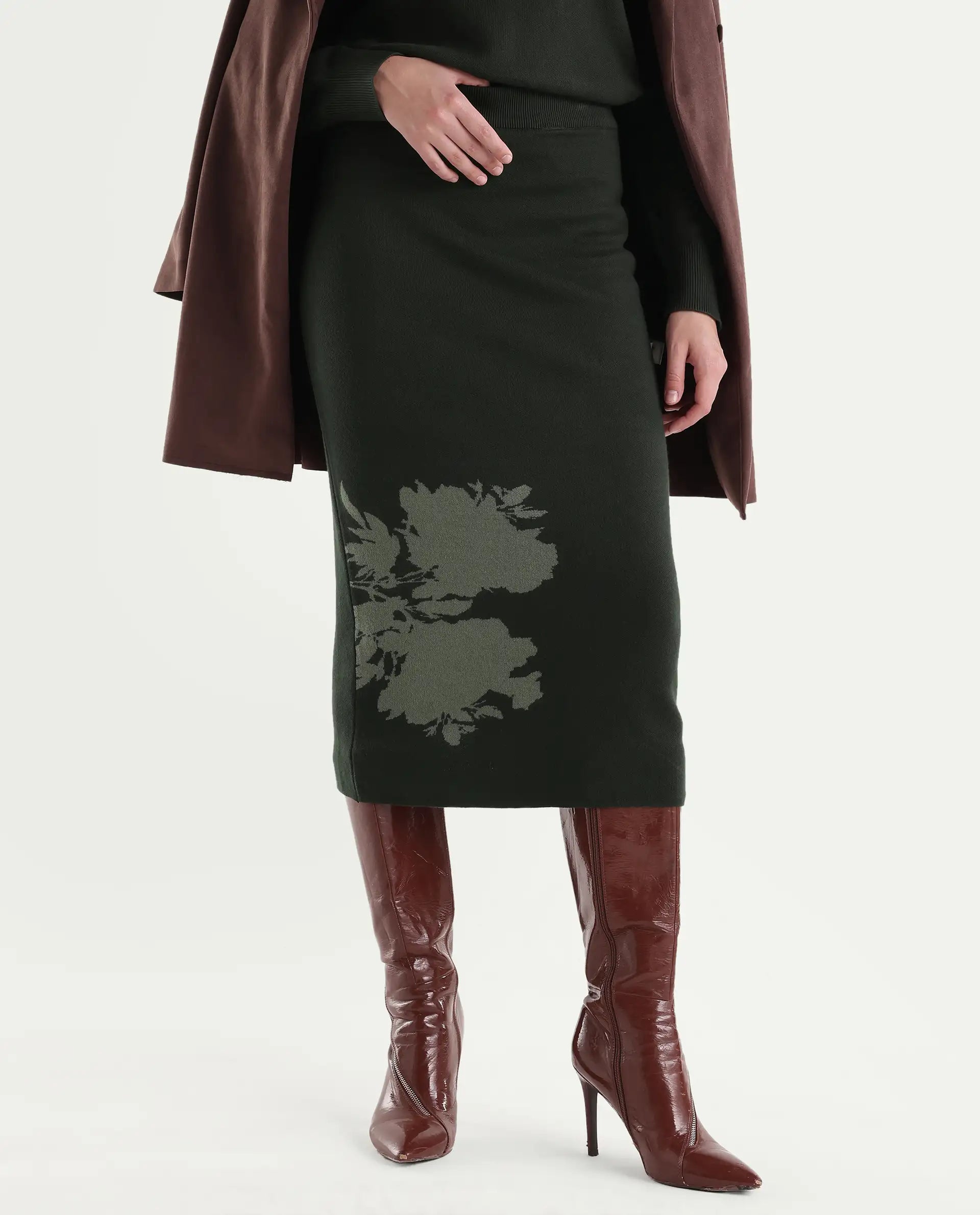 Rareism Women's Lacqua-B Dark Olive Cotton Pull-On Straight Jacquard Skirt