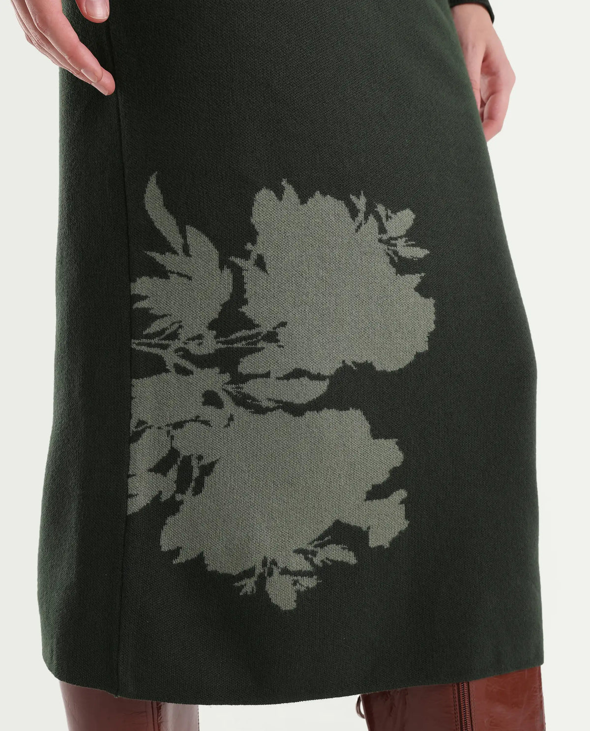 Rareism Women's Lacqua-B Dark Olive Cotton Pull-On Straight Jacquard Skirt