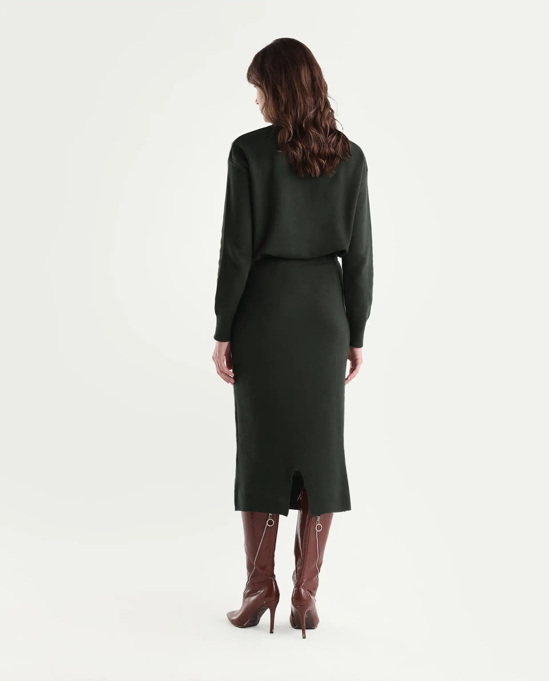 Rareism Women's Lacqua-B Dark Olive Cotton Pull-On Straight Jacquard Skirt