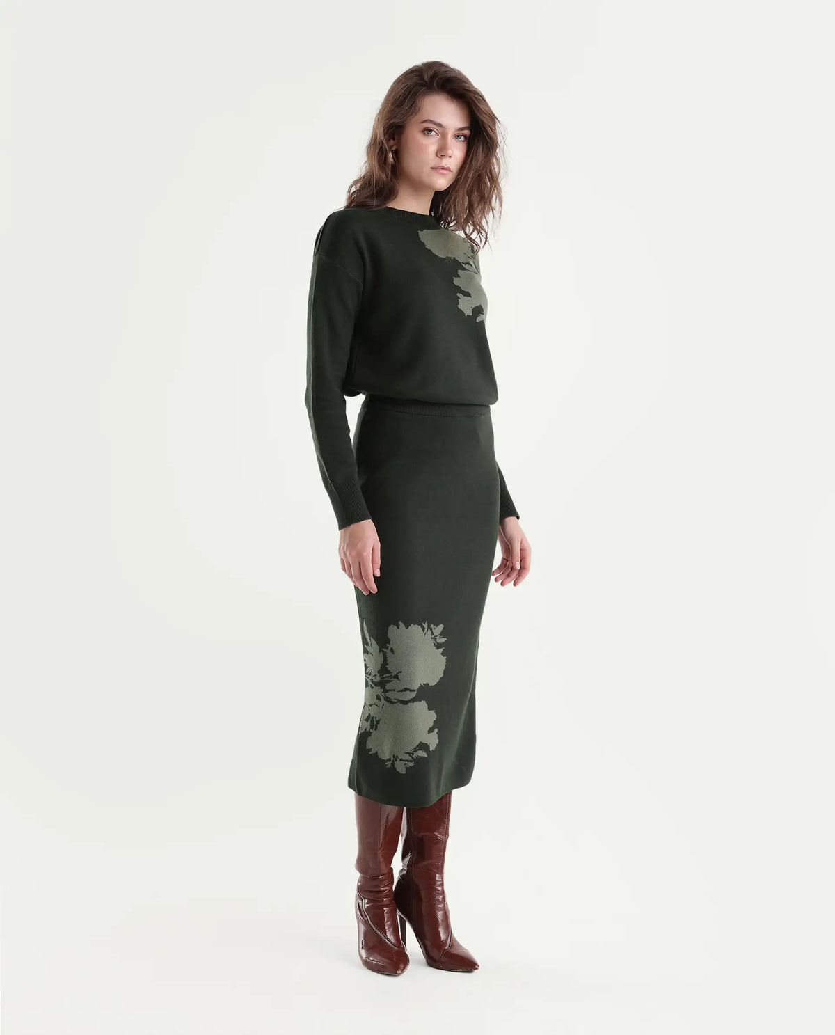 Rareism Women's Lacqua-B Dark Olive Cotton Pull-On Straight Jacquard Skirt