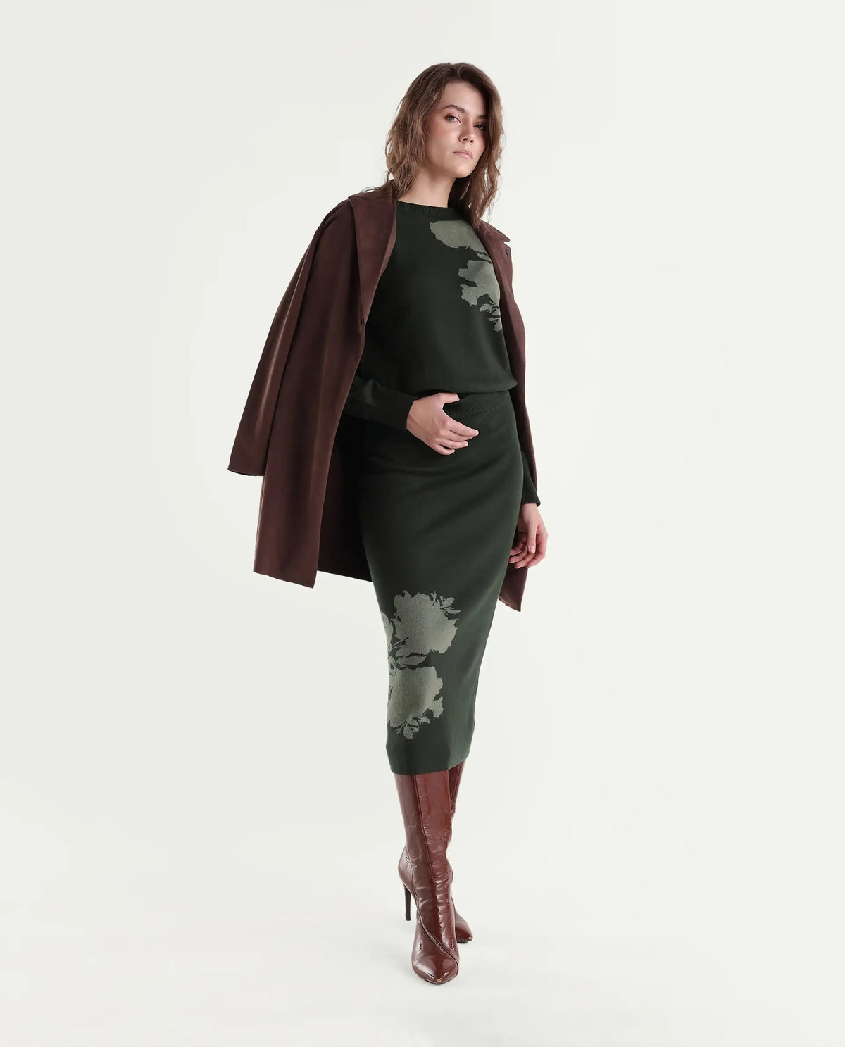 Rareism Women's Lacqua-B Dark Olive Cotton Pull-On Straight Jacquard Skirt