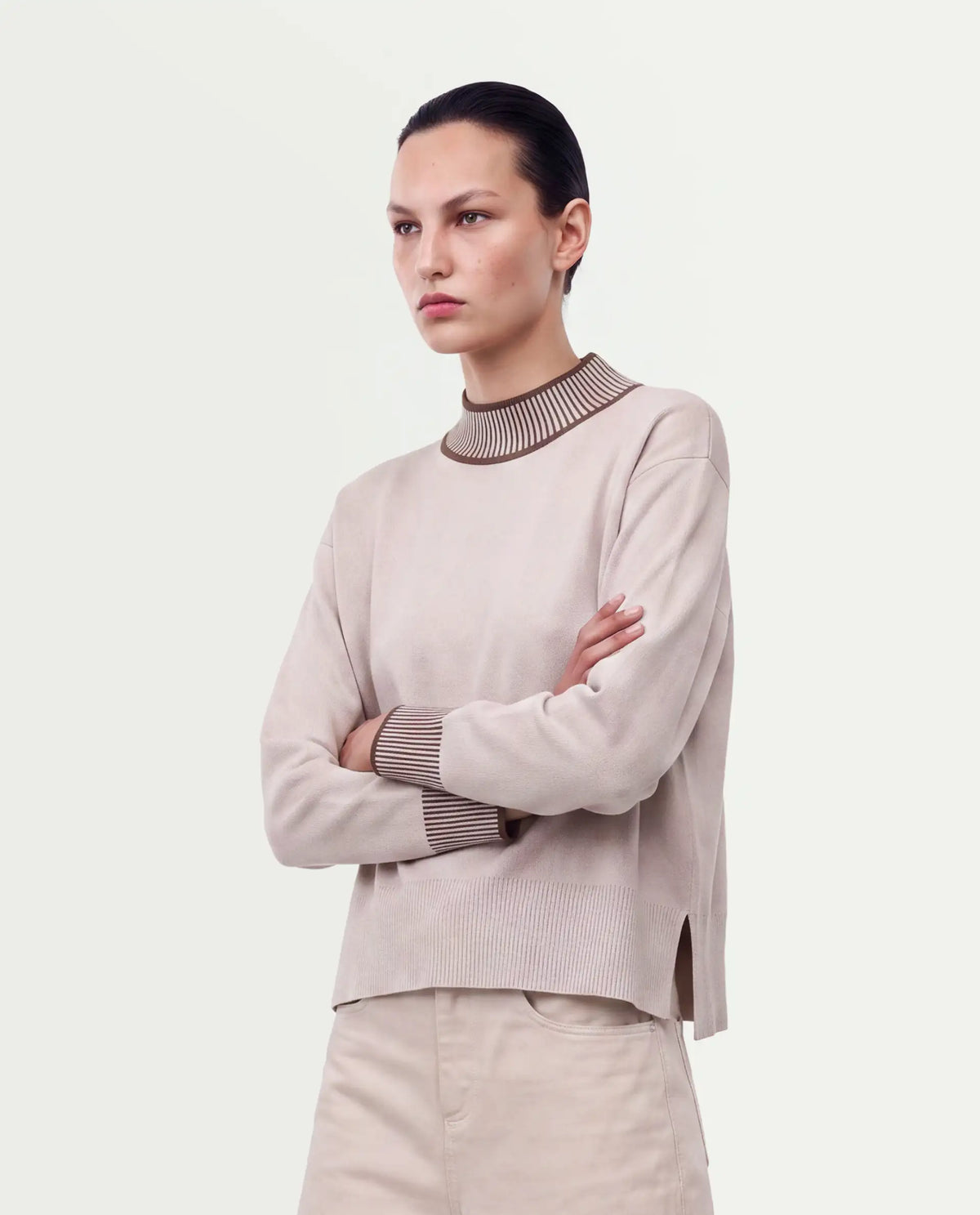 Rareism Women's Liber-T Light Beige Cotton Pull-On Relaxed Fit Sweater