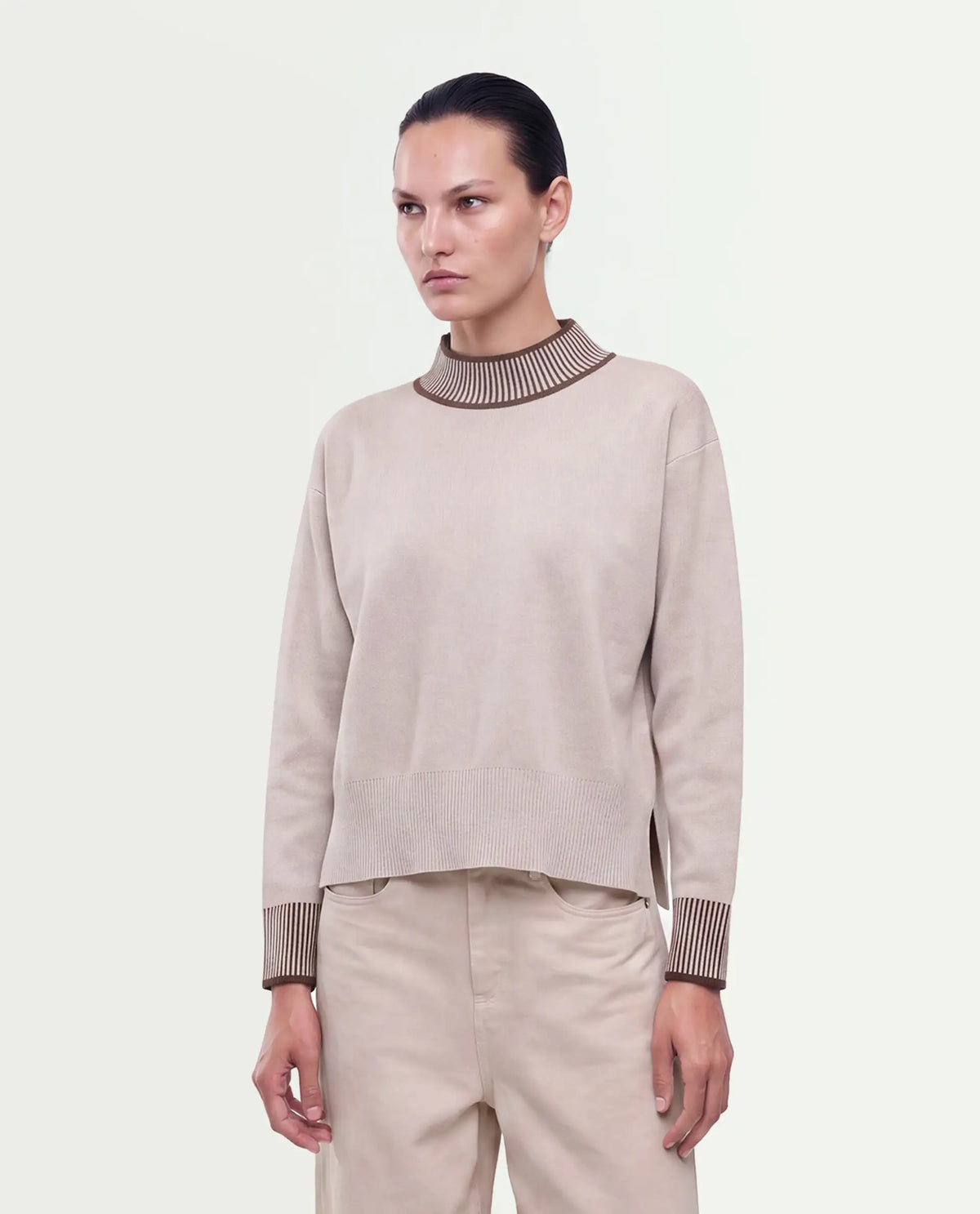 Rareism Women's Liber-T Light Beige Cotton Pull-On Relaxed Fit Sweater