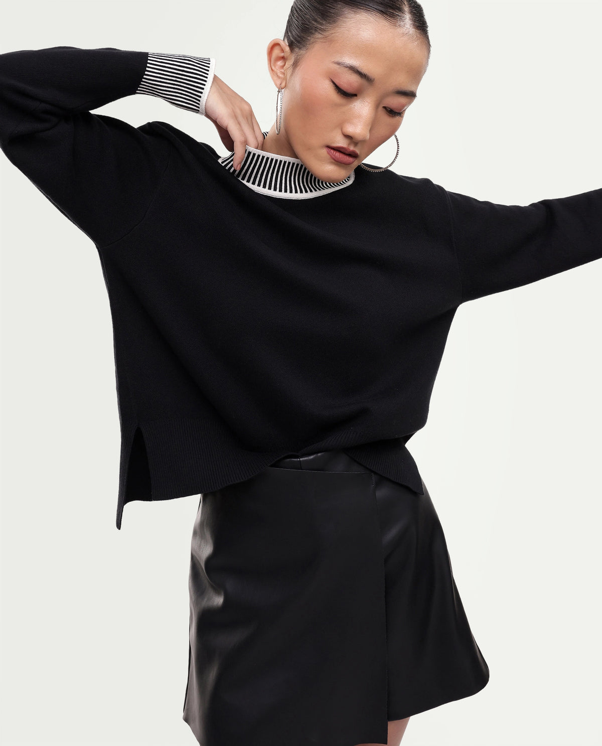 Rareism Women's Liber-T Black Cotton Pull-On Relaxed Fit Sweater