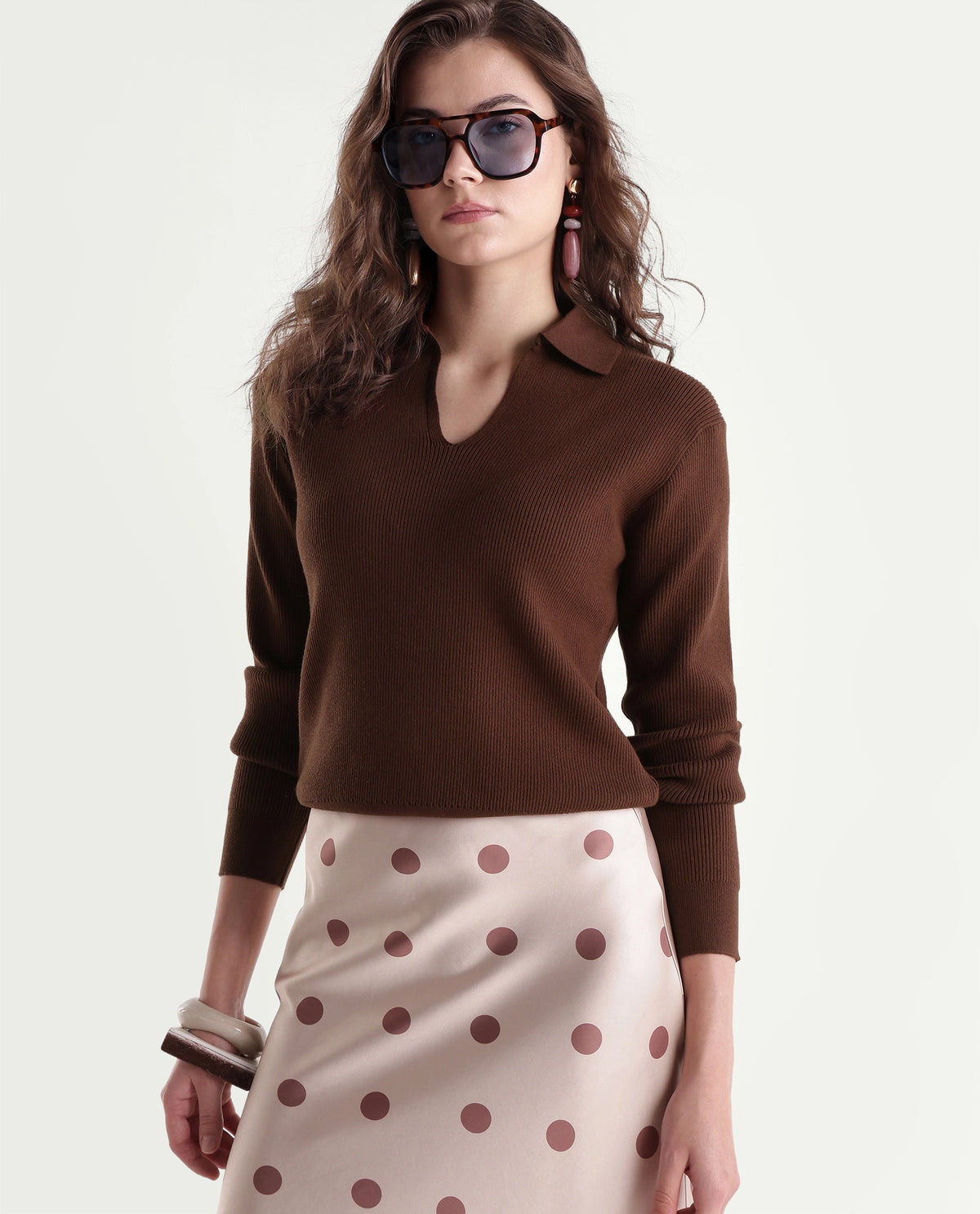 Rareism Women's Laxed-T Dark Brown Viscose Blend Pull-On Relaxed Fit Polo