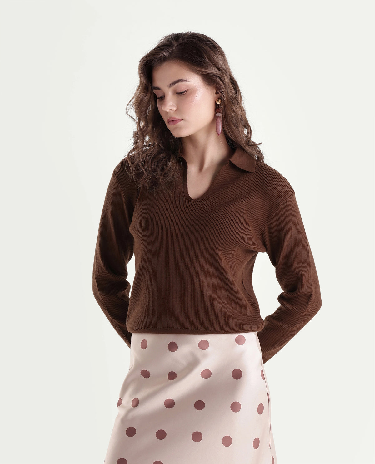 Rareism Women's Laxed-T Dark Brown Viscose Blend Pull-On Relaxed Fit Polo