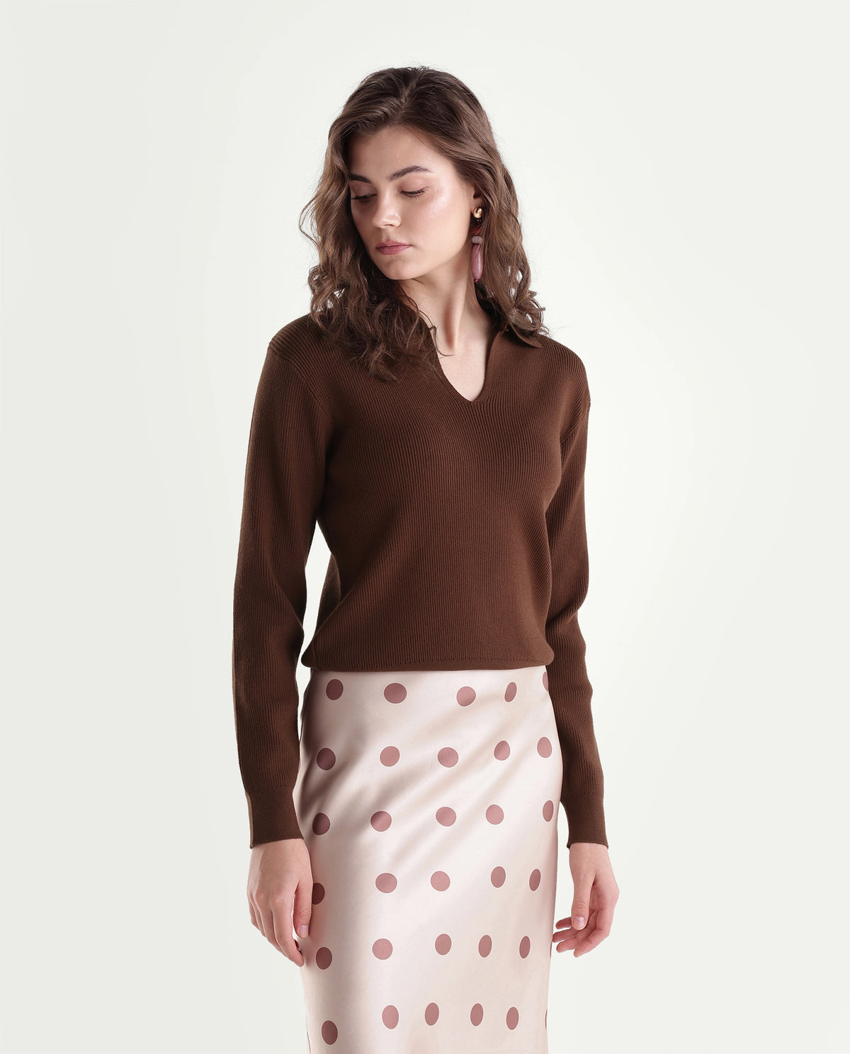 Rareism Women's Laxed-T Dark Brown Viscose Blend Pull-On Relaxed Fit Polo