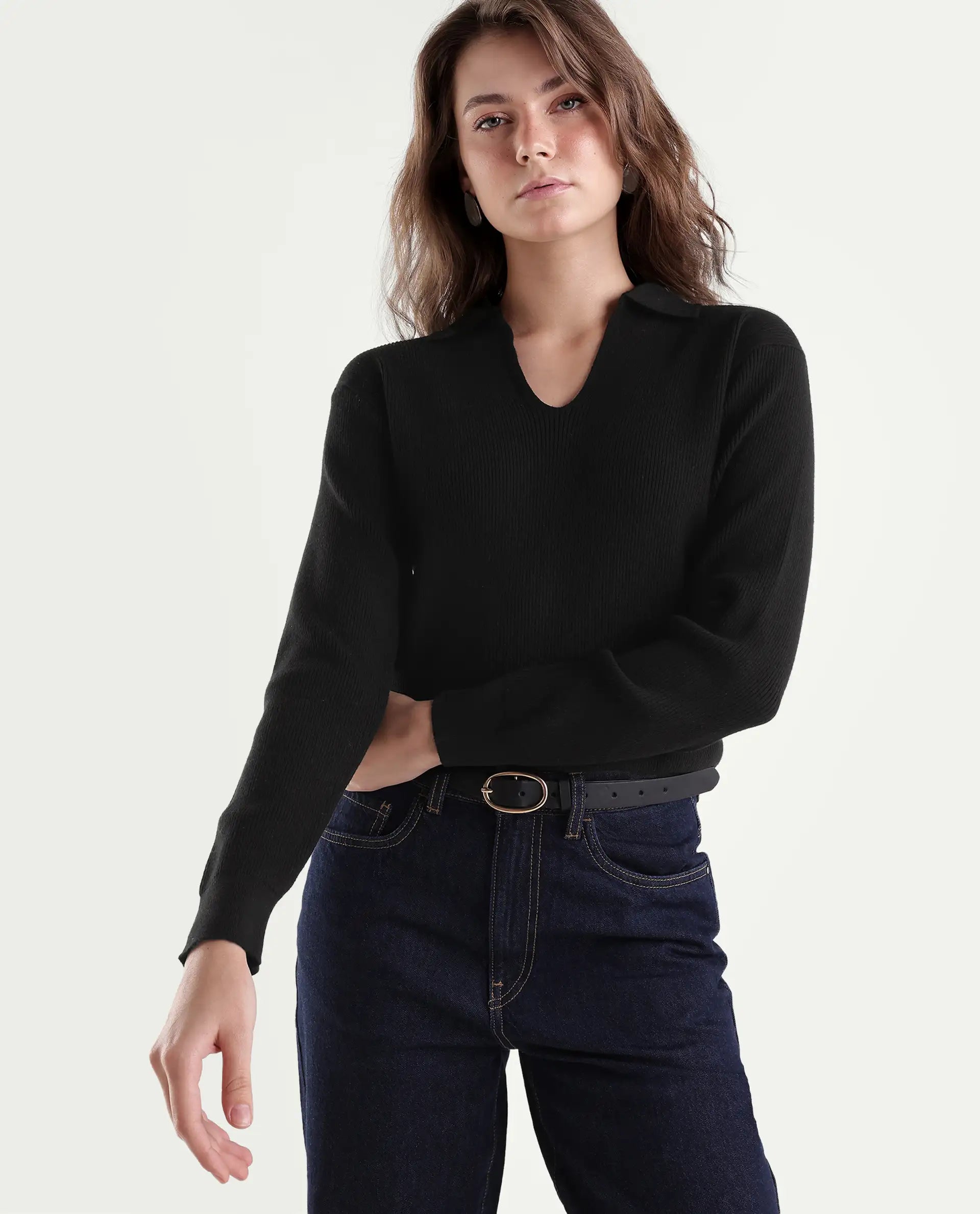 Rareism Women's Laxed-T Black Viscose Blend Pull-On Relaxed Fit Polo
