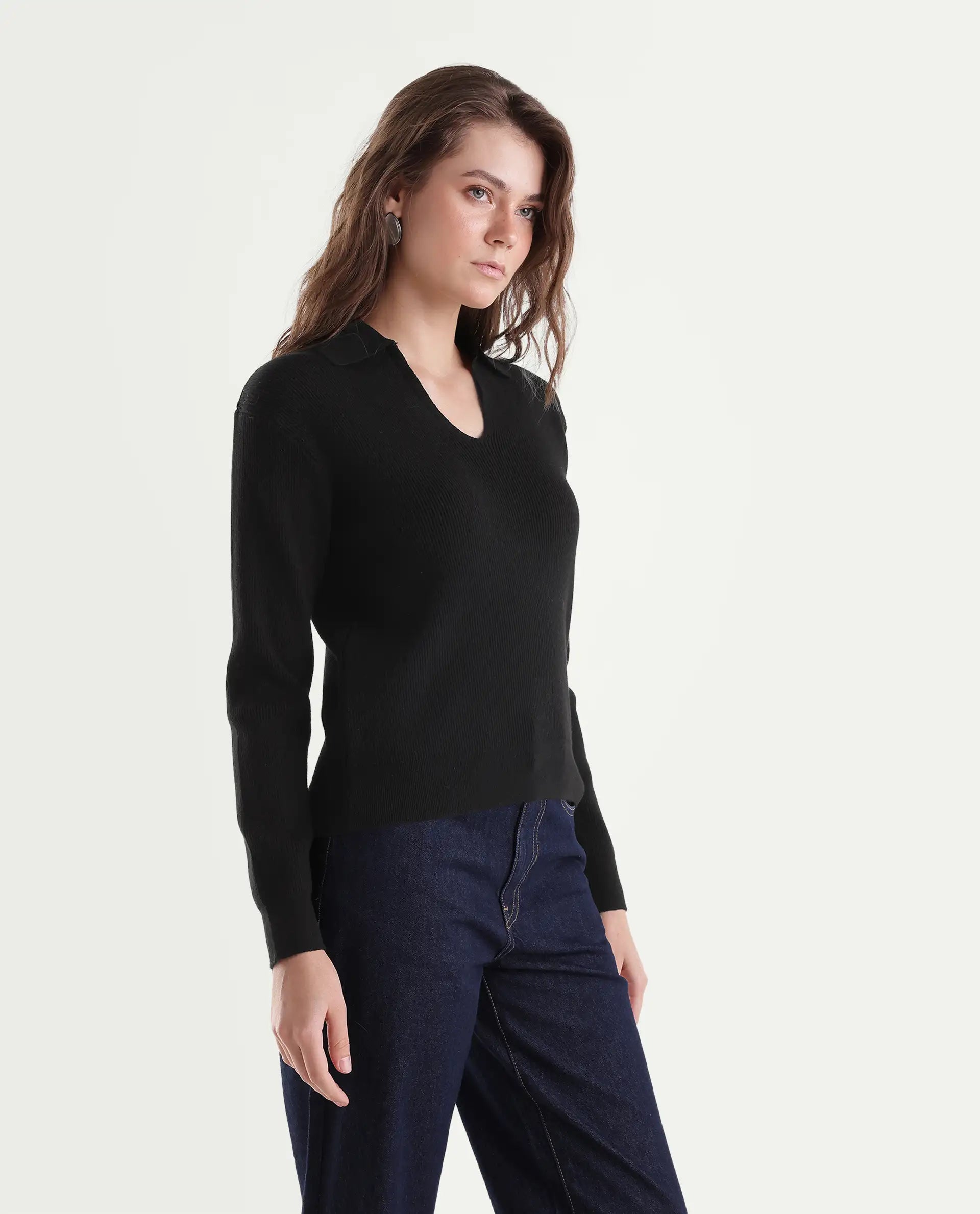Rareism Women's Laxed-T Black Viscose Blend Pull-On Relaxed Fit Polo