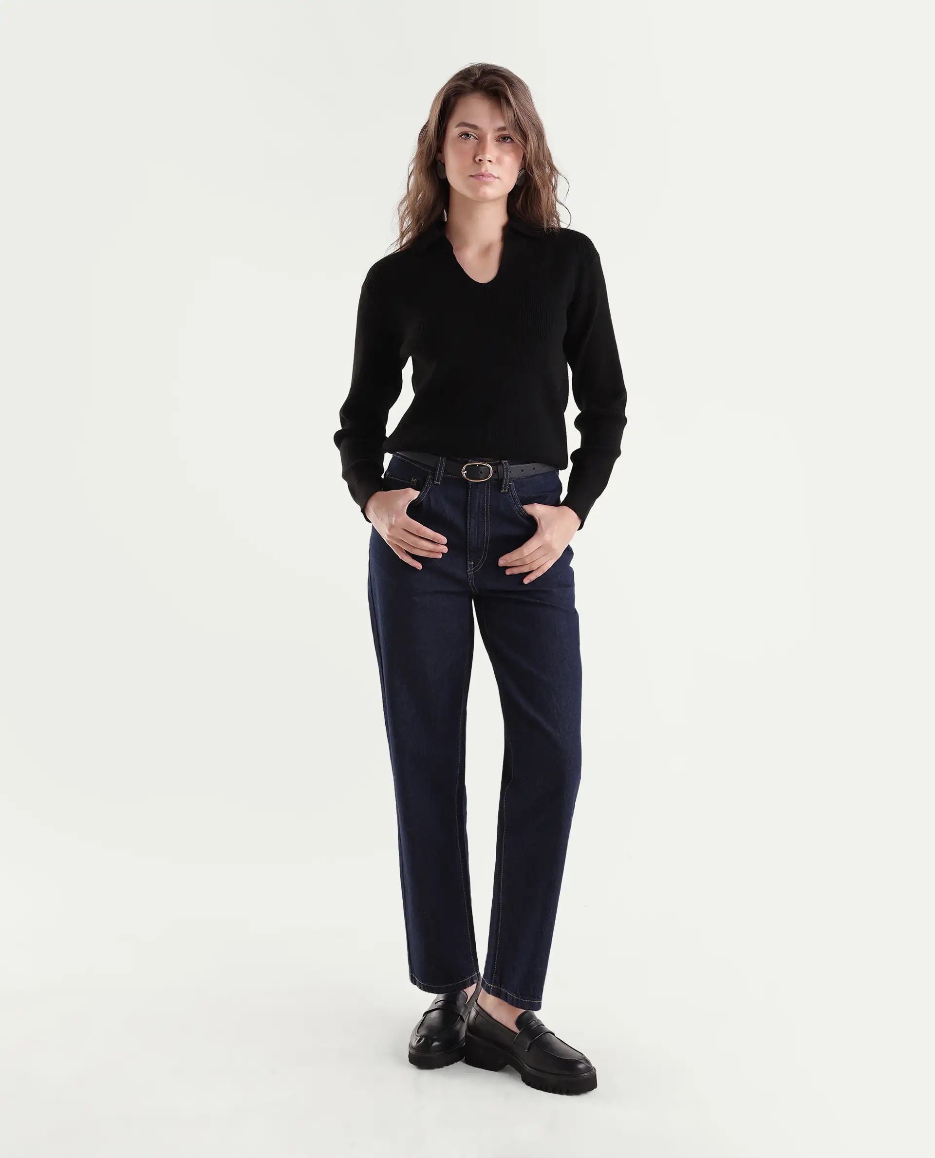 Rareism Women's Laxed-T Black Viscose Blend Pull-On Relaxed Fit Polo