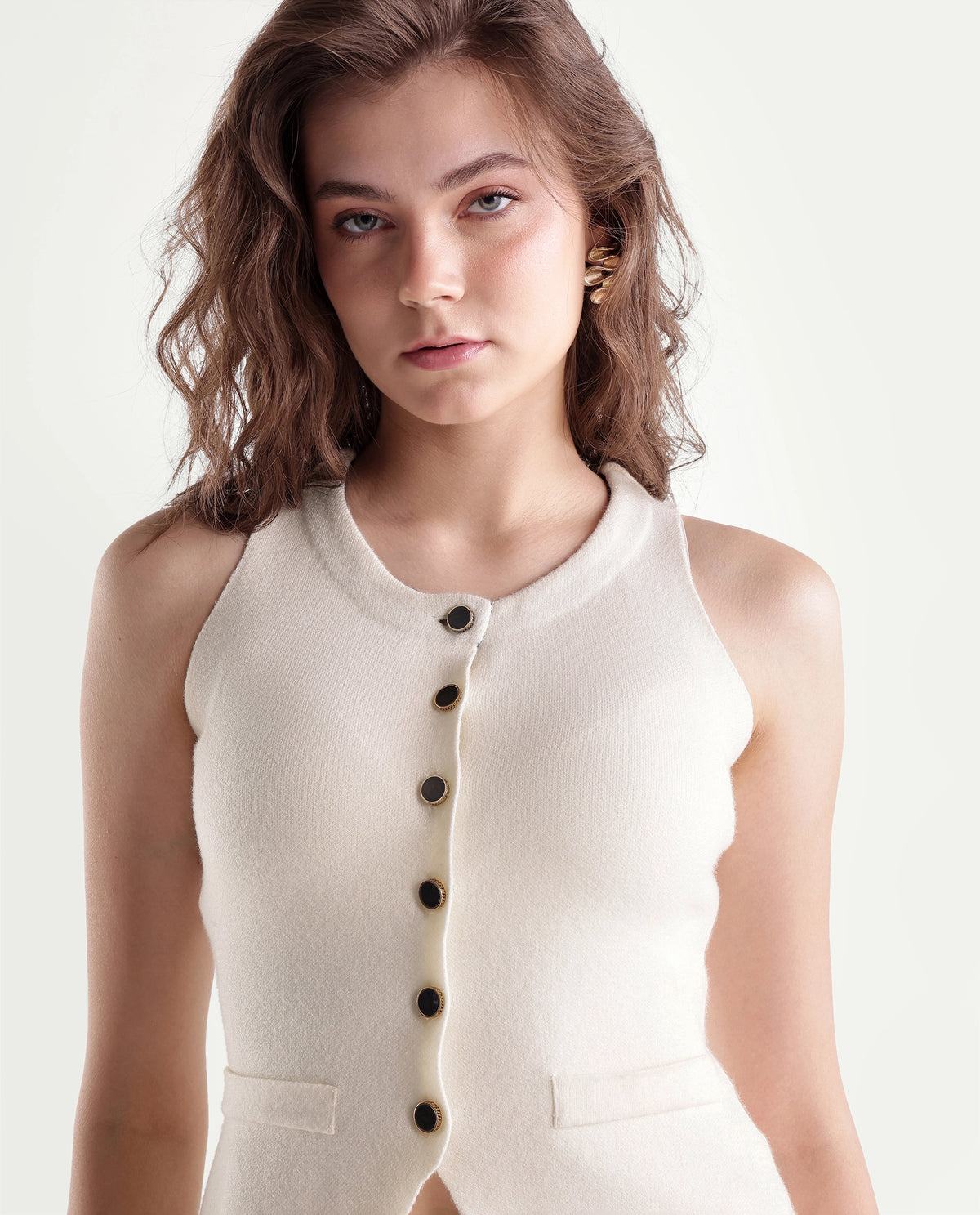 Rareism Women's Lwo-T Off White Viscose Blend Button Regular Fit Top