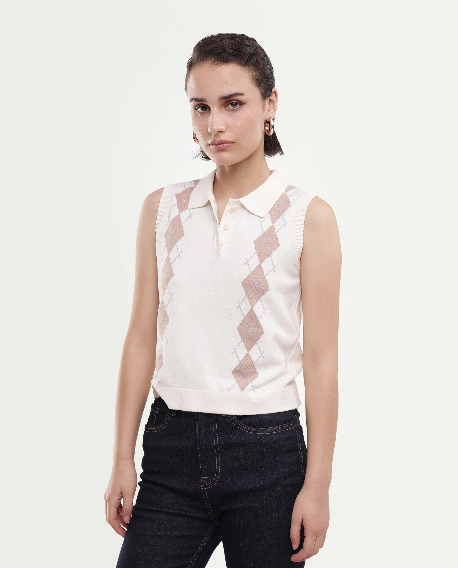 Rareism Women's Lango-A Off White Cotton Button Regular Fit Jacquard Polo