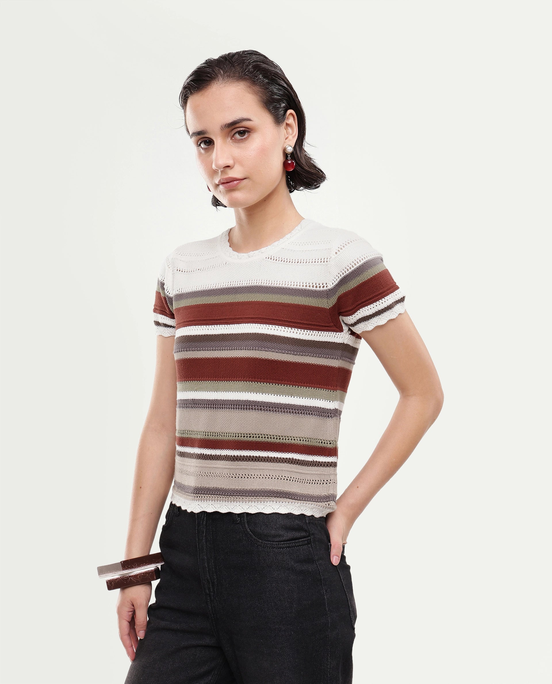 Rareism Women's Loco Off White Cotton Pull-On Relaxed Fit Striped Top