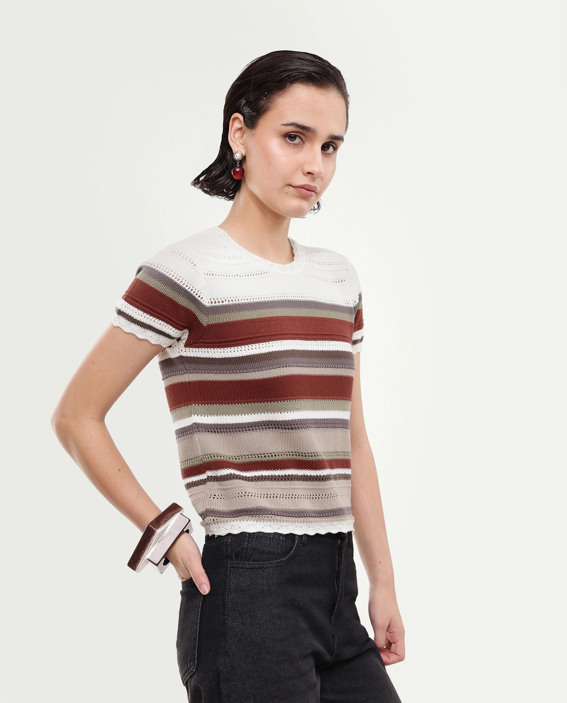 Rareism Women's Loco Off White Cotton Pull-On Relaxed Fit Striped Top