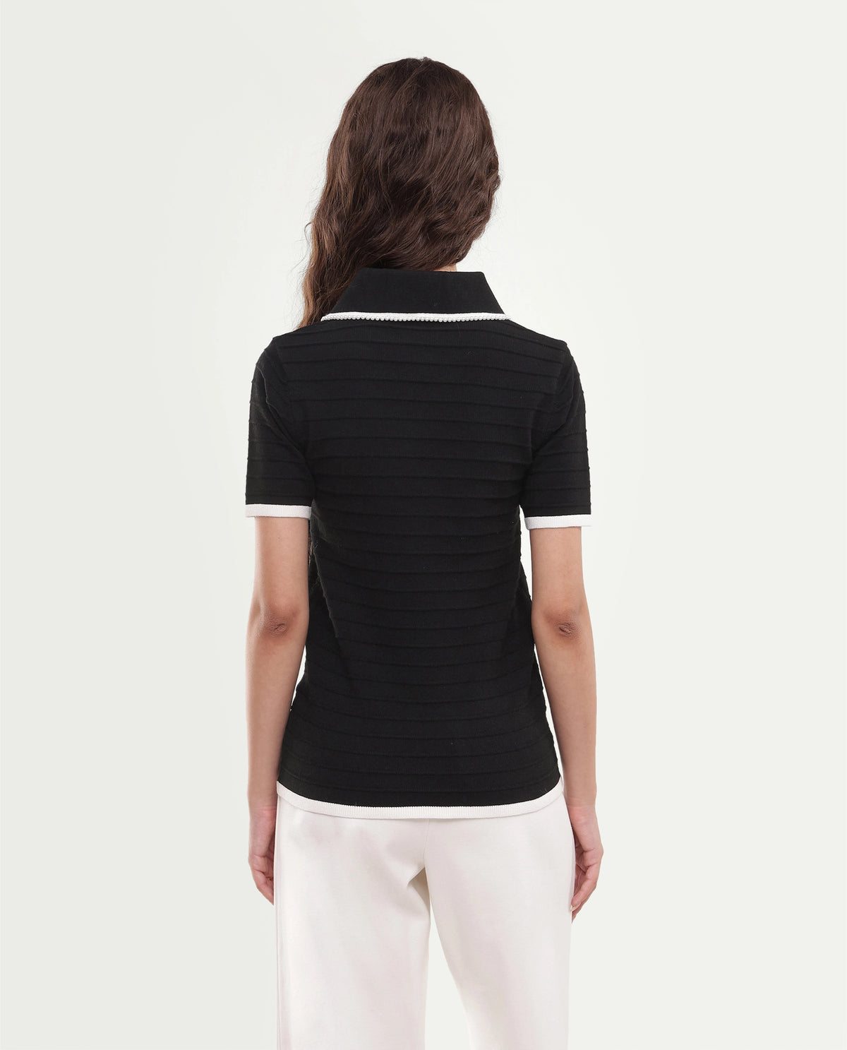Rareism Women's Liza Black Viscose Blend Pull-On Regular Fit Striped Polo