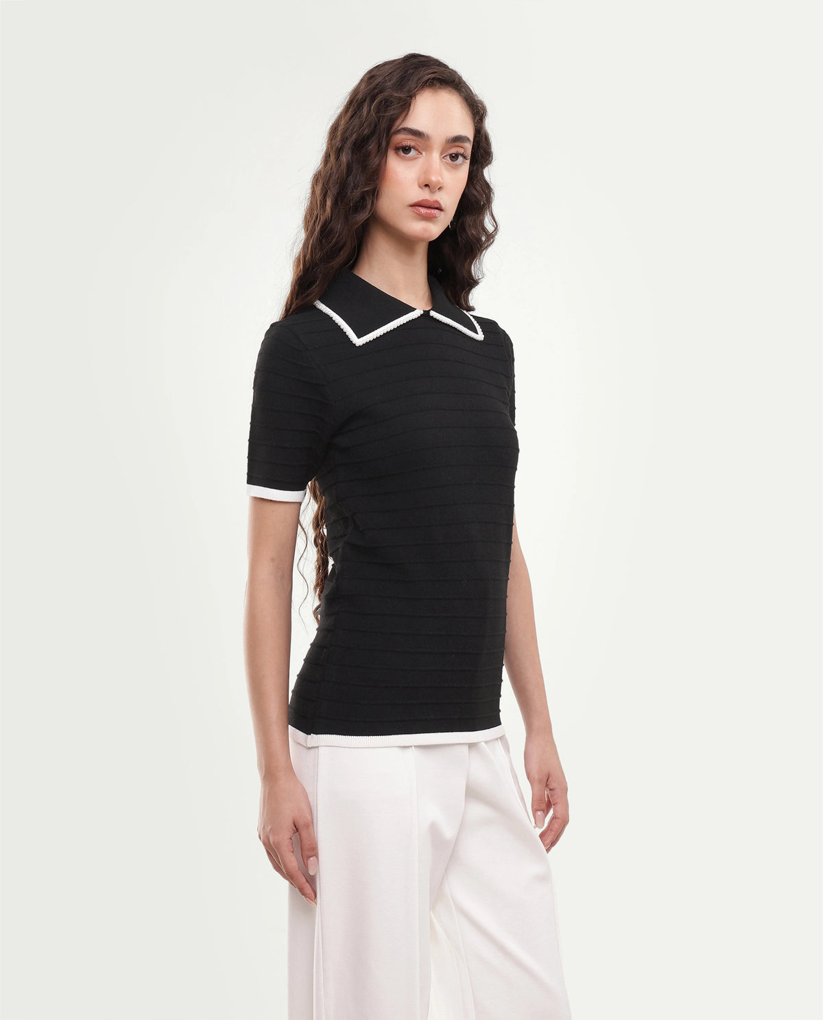 Rareism Women's Liza Black Viscose Blend Pull-On Regular Fit Striped Polo