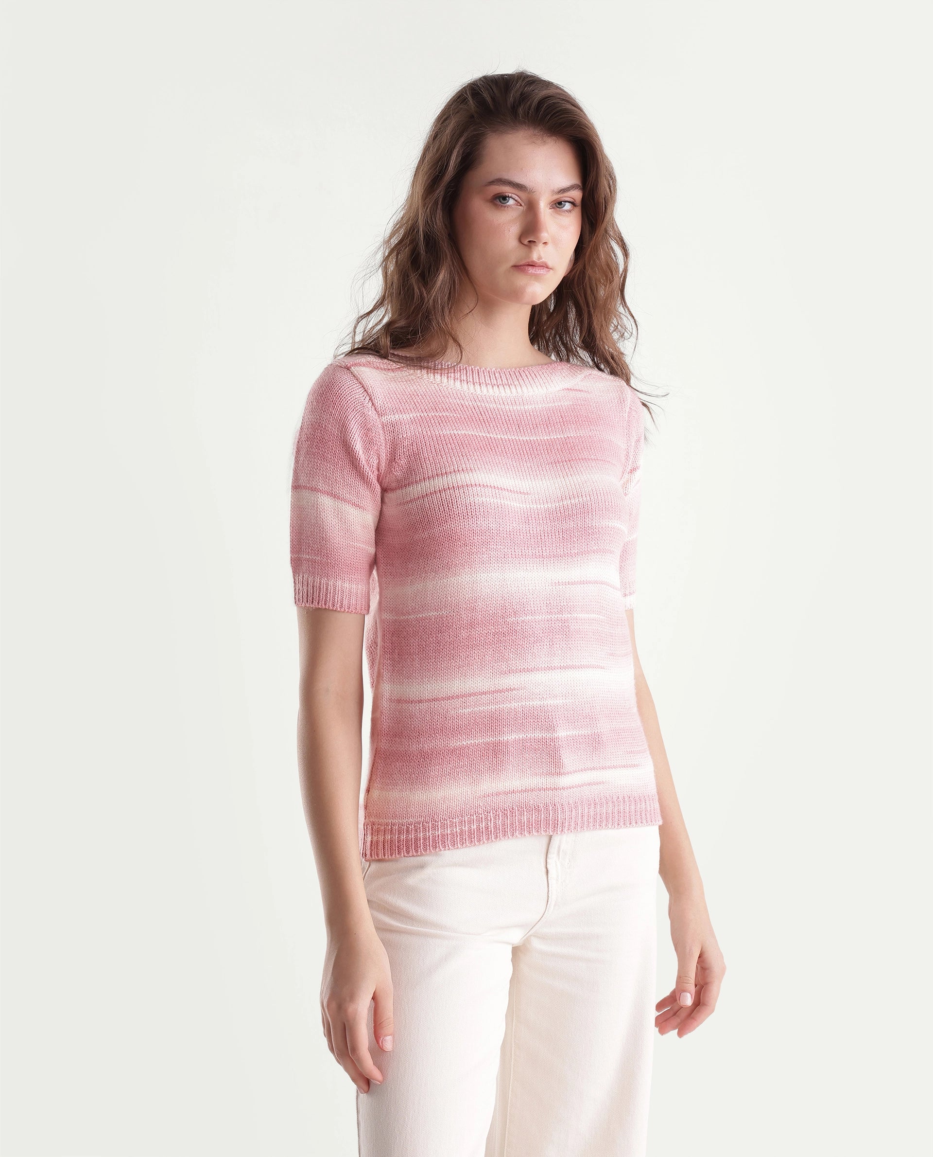 Rareism Women's Loho Light Pink Acrylic Pull-On Relaxed Fit Sweater