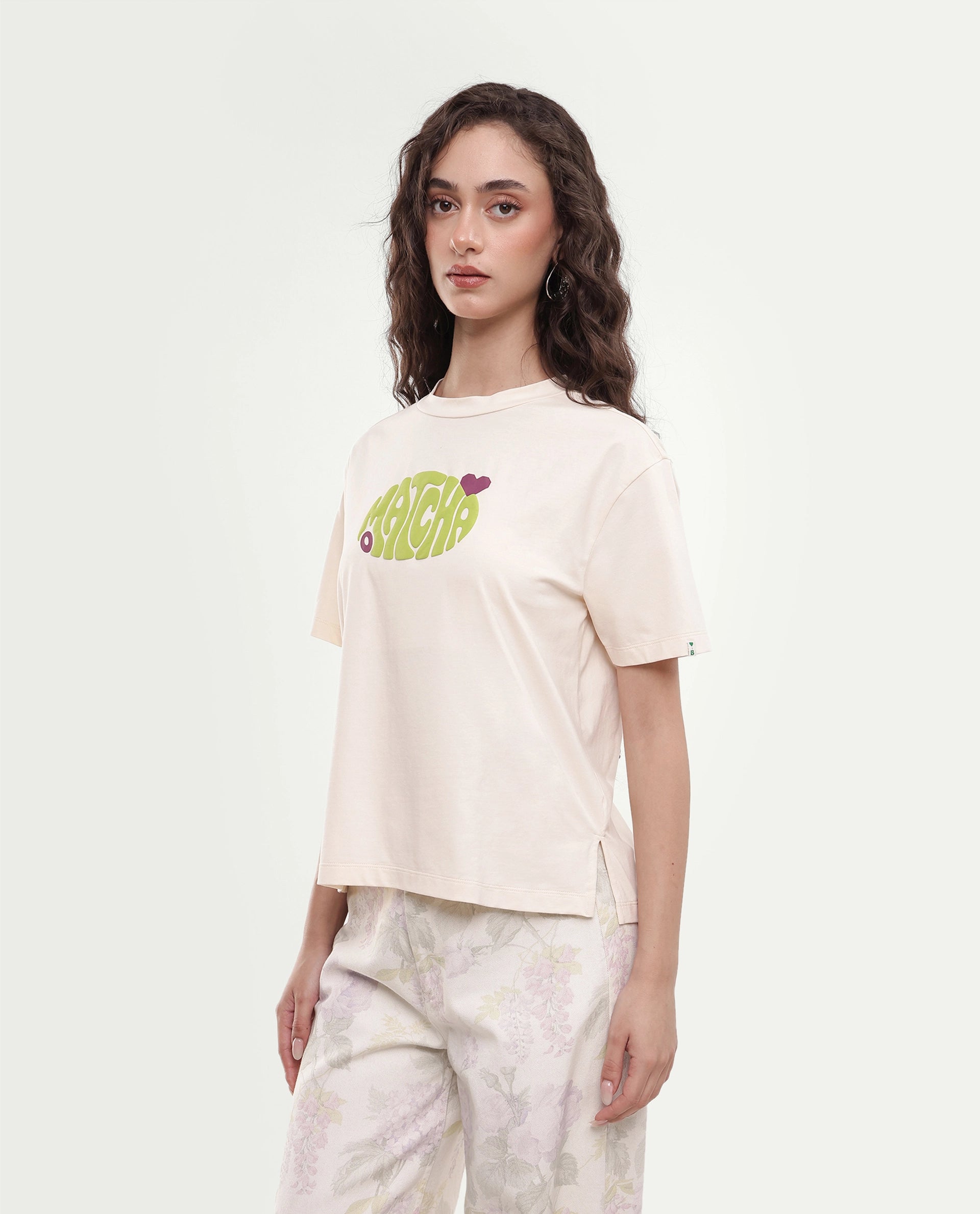 Rareism Women's Breebo Light Beige Typography Cotton Blend Relaxed Short Sleeves T-Shirt