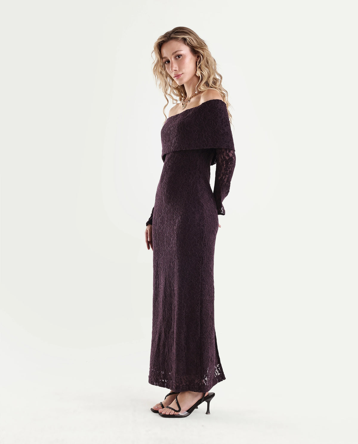 Rareism Women's Parsons Dark Maroon Polyester Blend Off Shoulder Bodycon Jacquard Dress - image 5