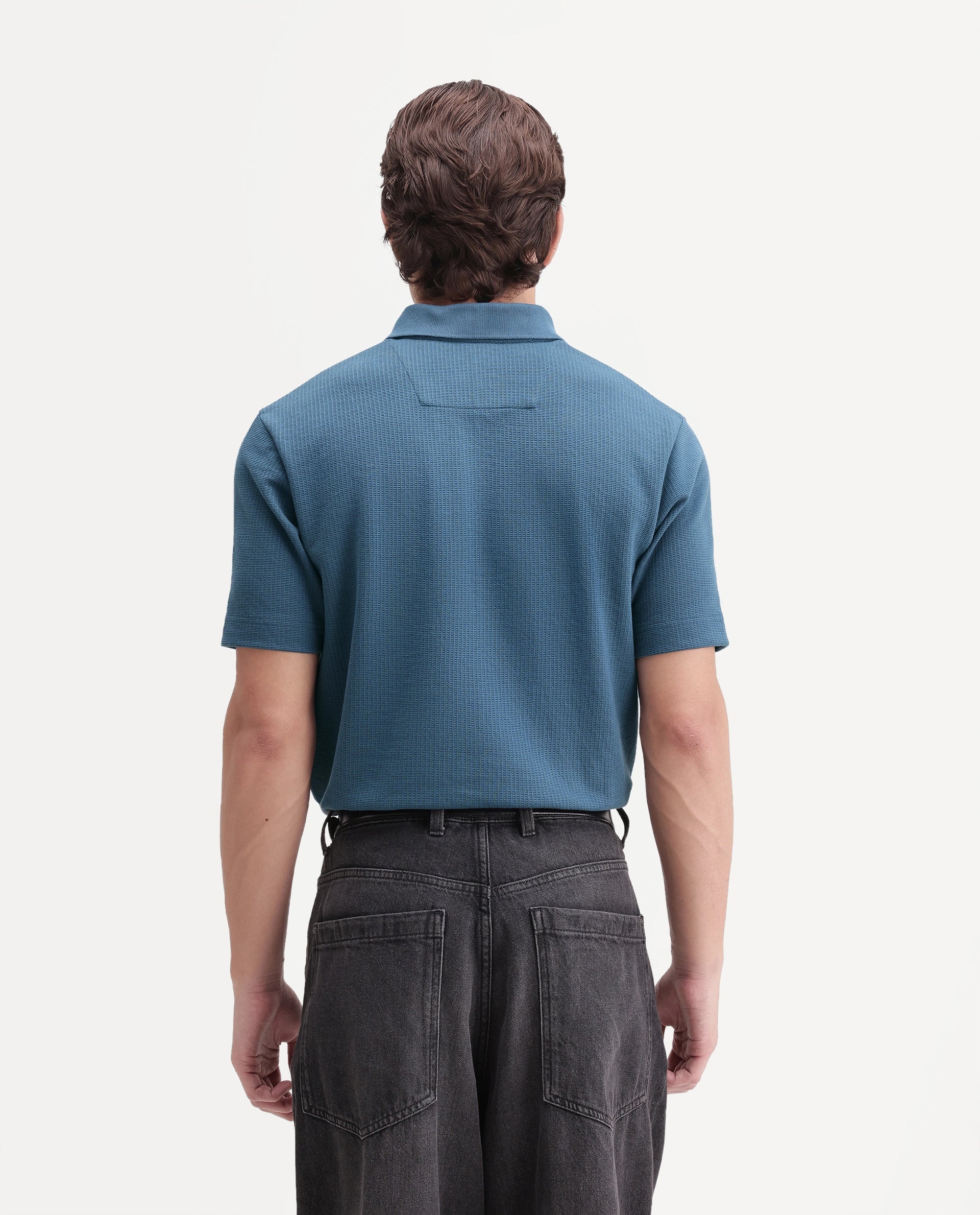 Rare Rabbit Men's Crast Dusky Blue Polyester Blend Spread Collar Regular Jacquard Polo