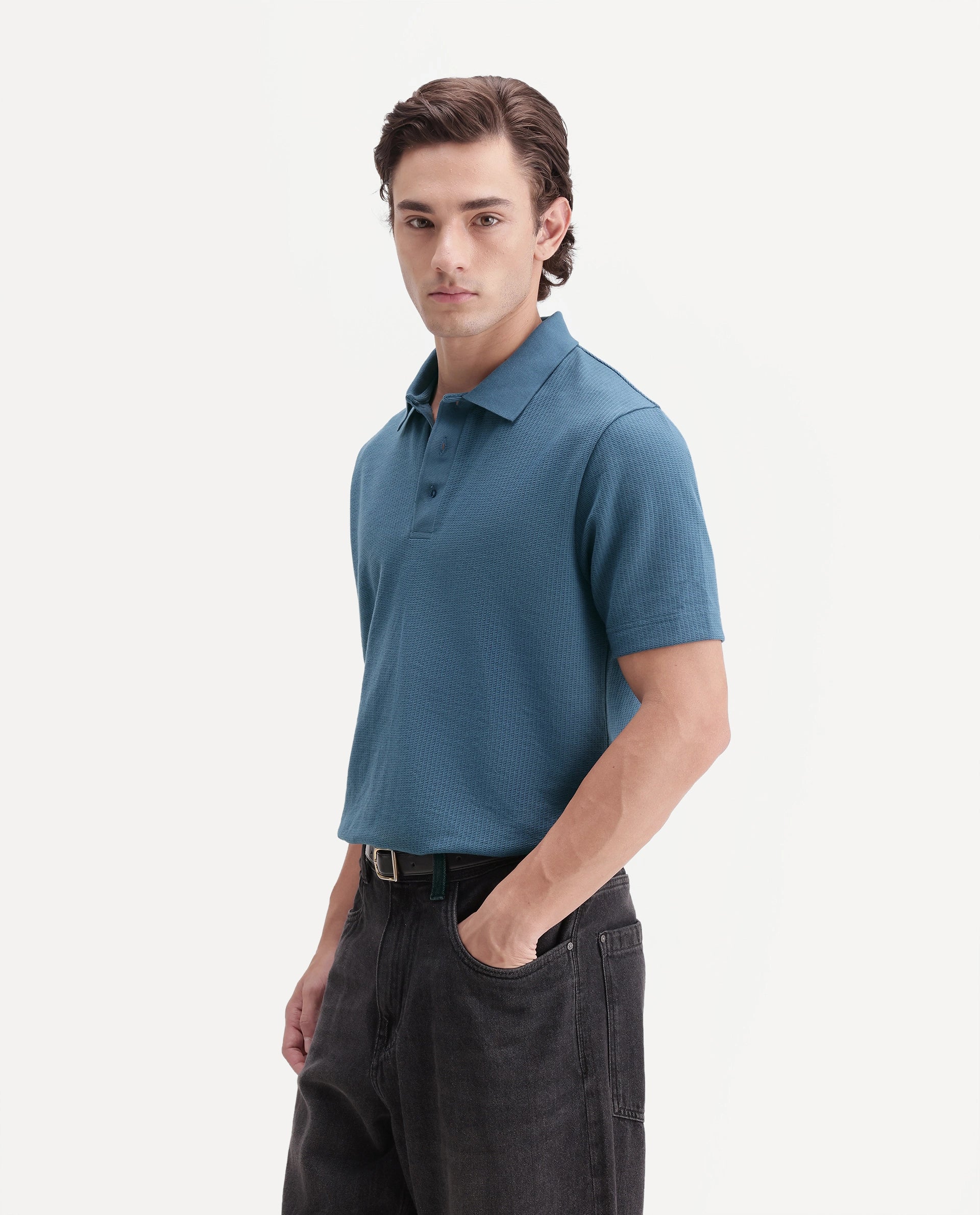 Rare Rabbit Men's Crast Dusky Blue Polyester Blend Spread Collar Regular Jacquard Polo