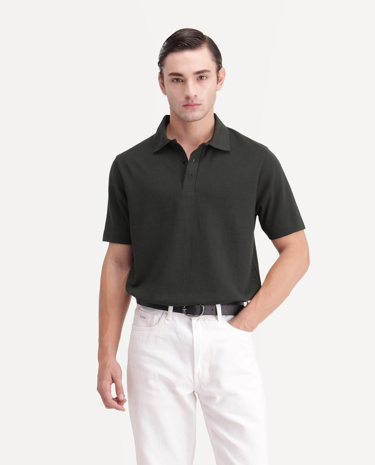Rare Rabbit Men's Crast Green Polyester Blend Spread Collar Regular Jacquard Polo