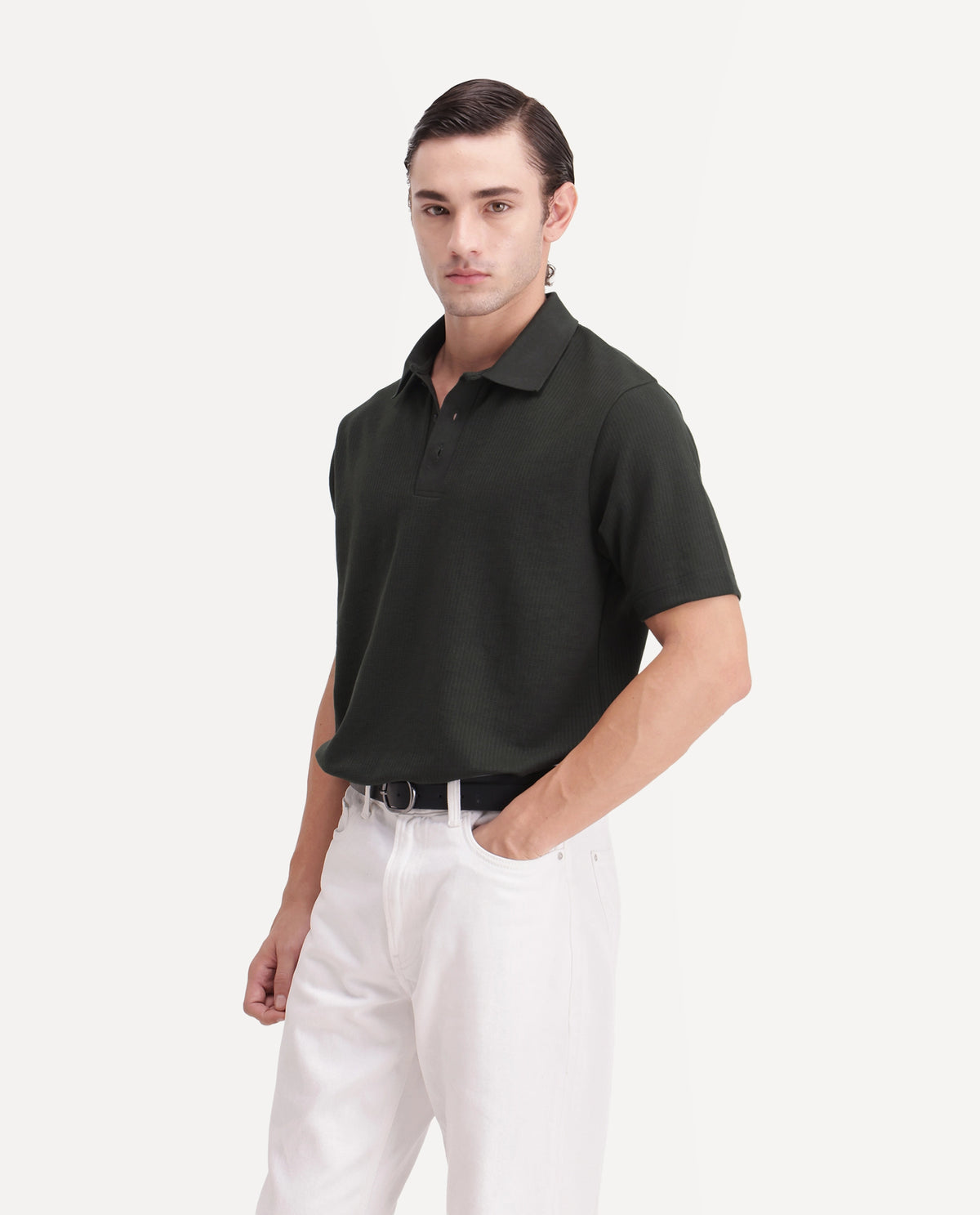 Rare Rabbit Men's Crast Green Polyester Blend Spread Collar Regular Jacquard Polo