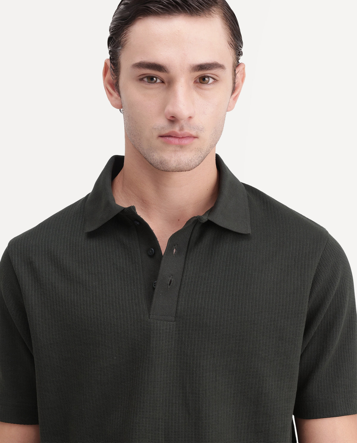 Rare Rabbit Men's Crast Green Polyester Blend Spread Collar Regular Jacquard Polo