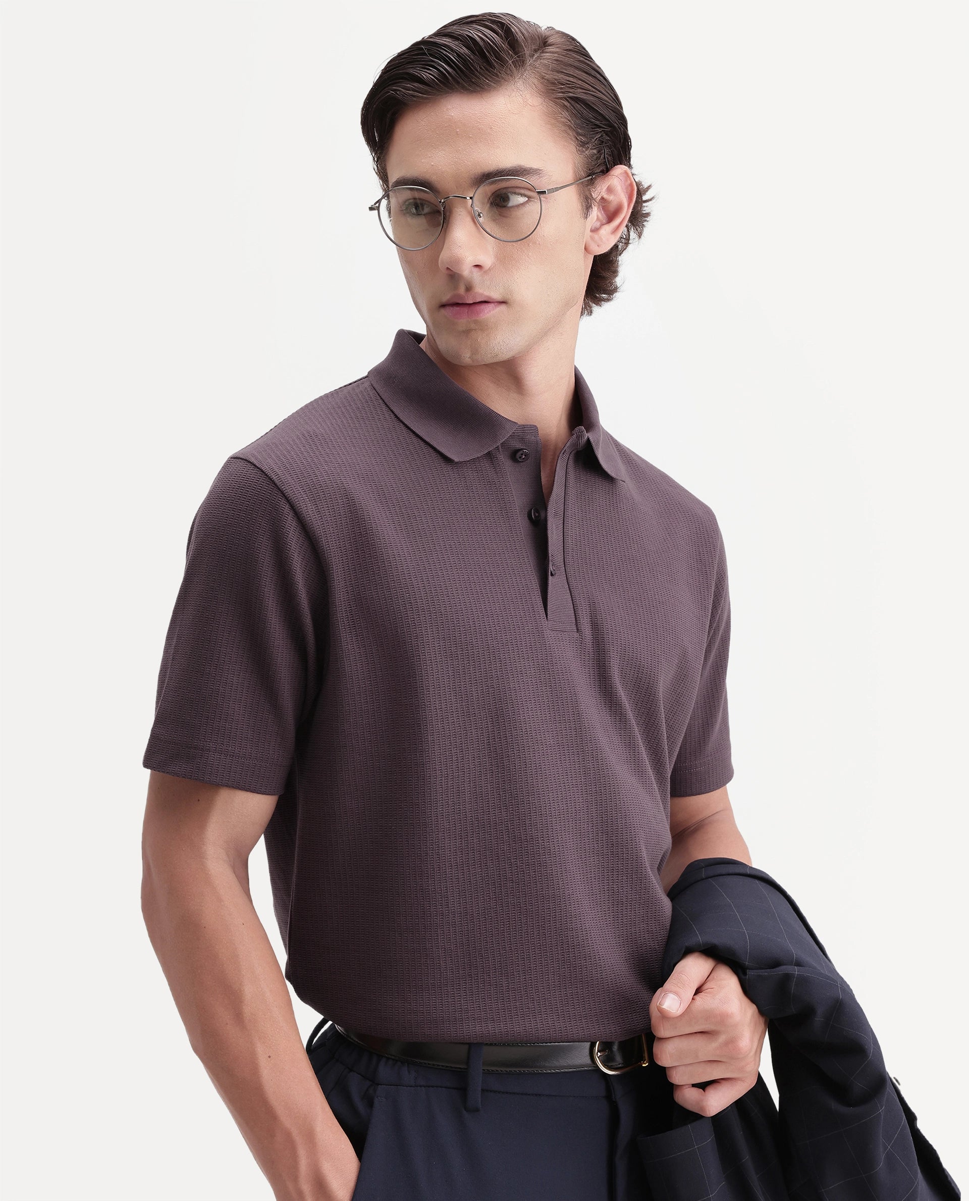 Rare Rabbit Men's Crast Purple Polyester Blend Spread Collar Regular Jacquard Polo