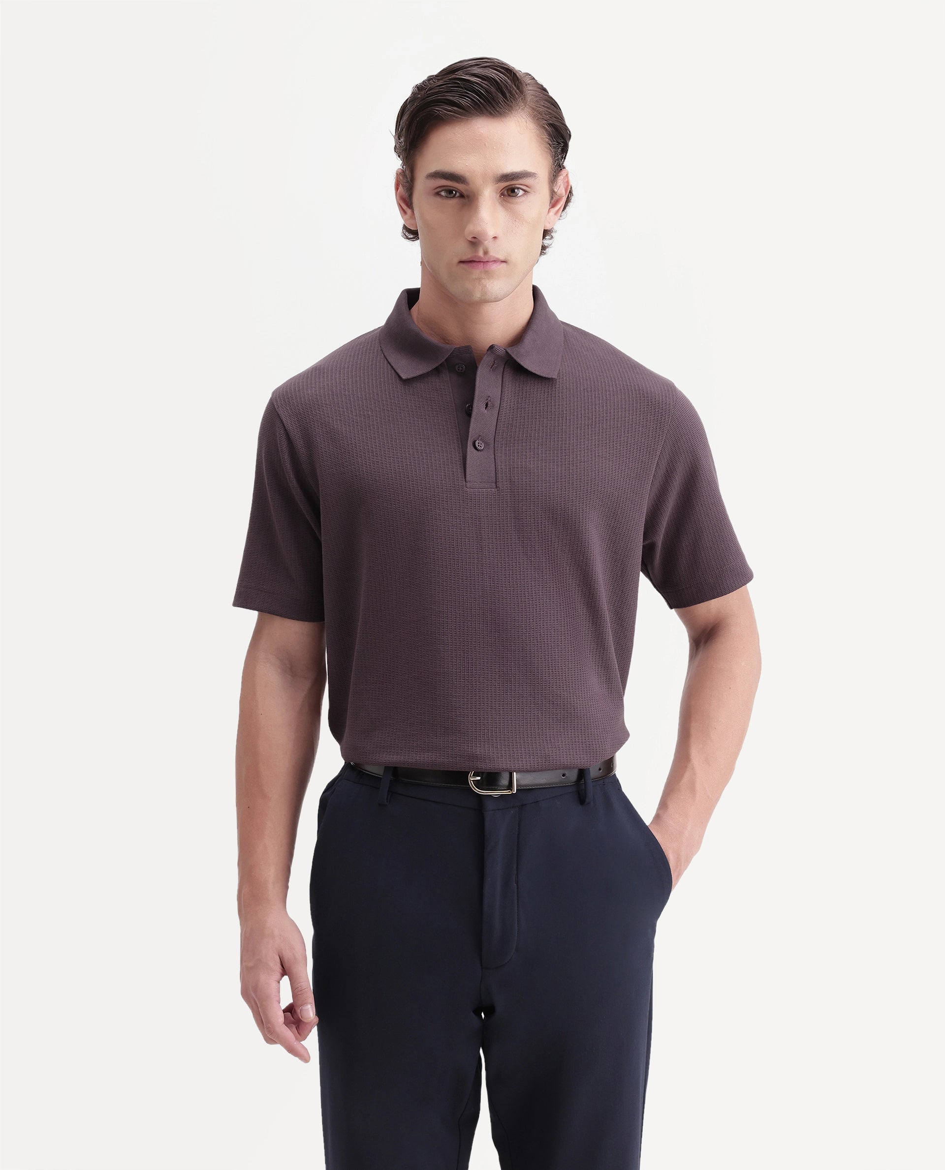 Rare Rabbit Men's Crast Purple Polyester Blend Spread Collar Regular Jacquard Polo