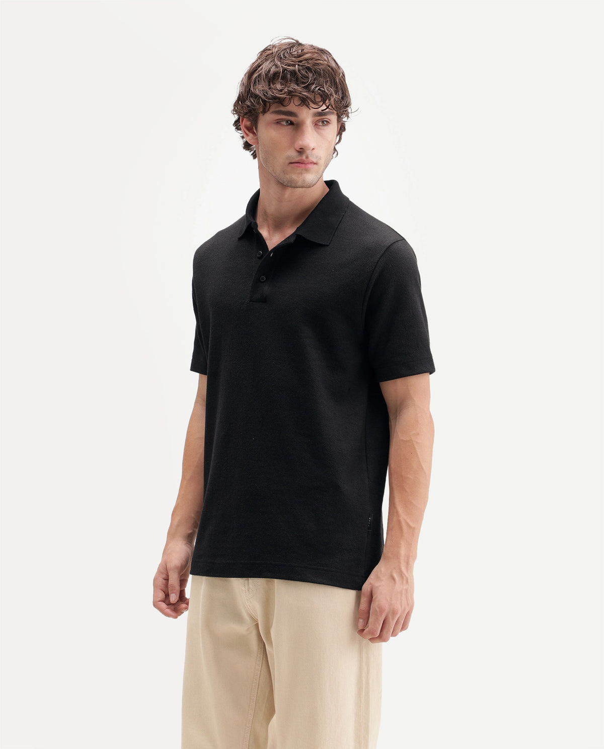 Rare Rabbit Men's Davin-P Black Cotton Blend Spread Collar Regular Plain Polo