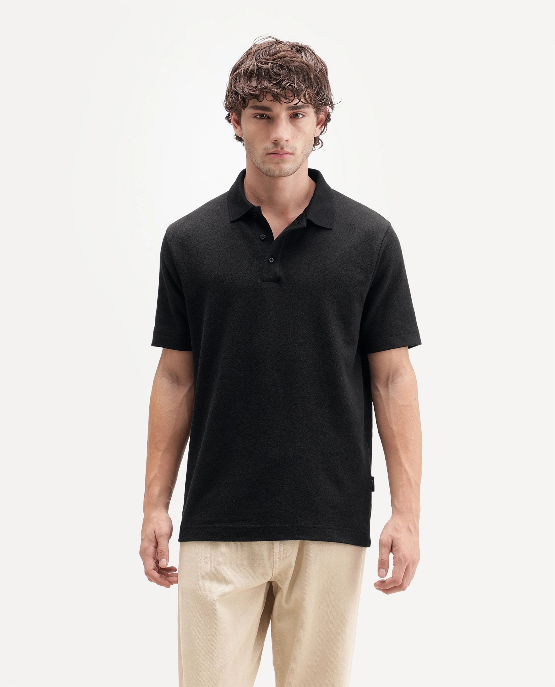 Rare Rabbit Men's Davin-P Black Cotton Blend Spread Collar Regular Plain Polo