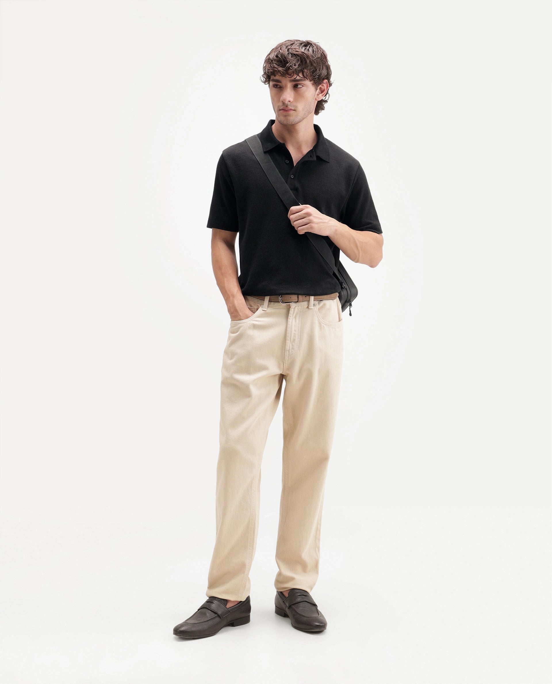 Rare Rabbit Men's Davin-P Black Cotton Blend Spread Collar Regular Plain Polo