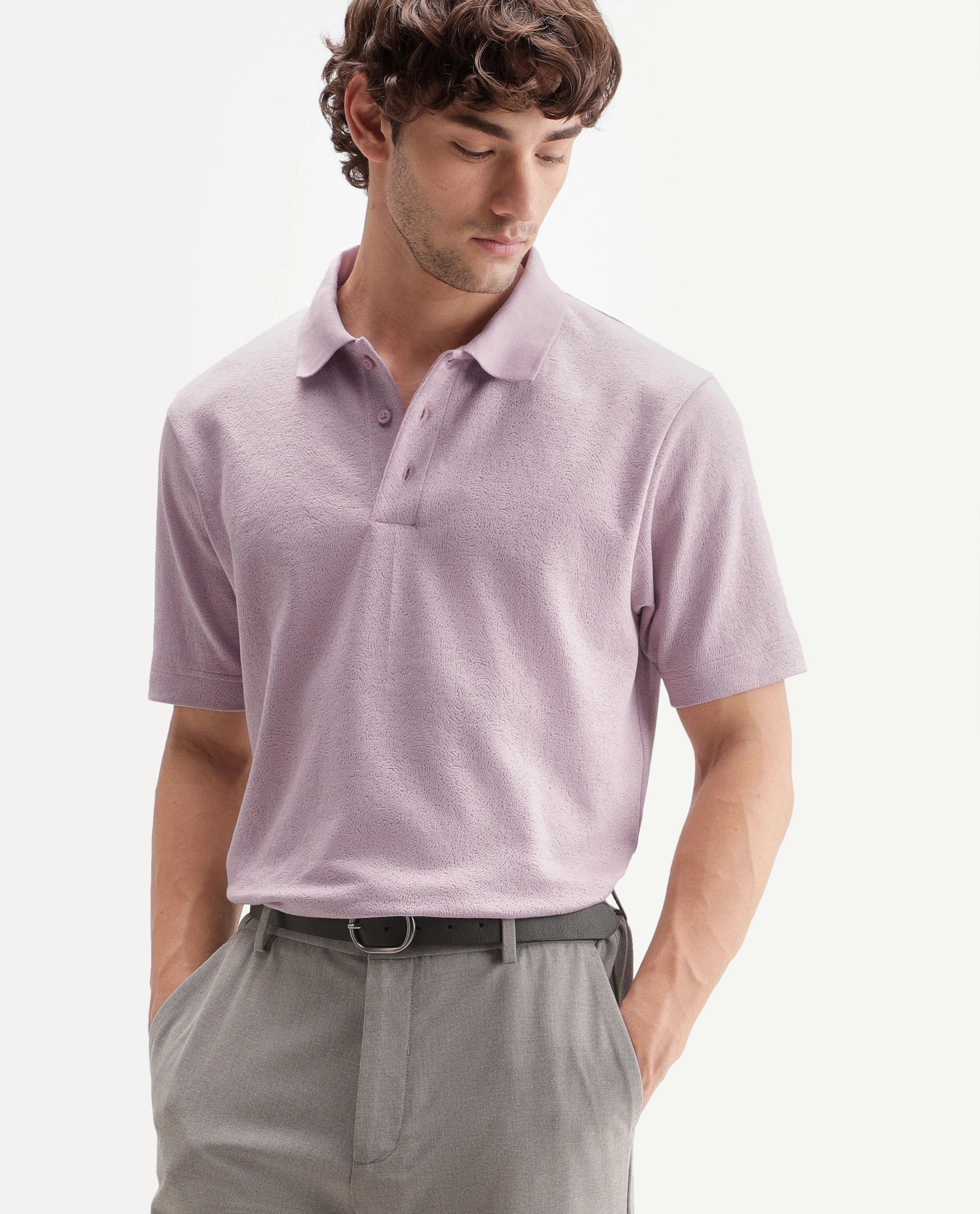 Rare Rabbit Men's Davin-P Light Pink Cotton Blend Spread Collar Regular Plain Polo