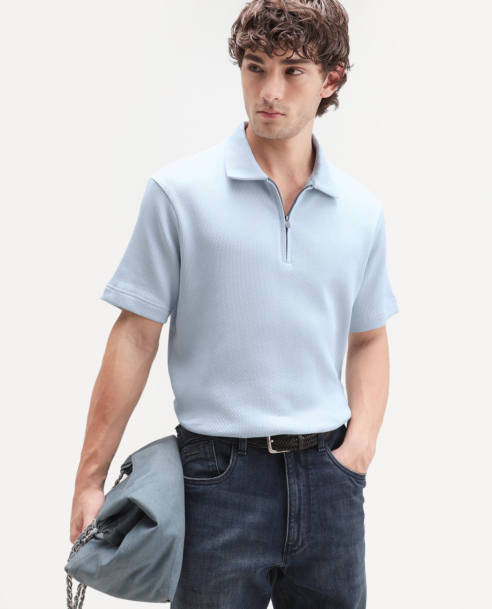 Rare Rabbit Men's Dreak Light Blue Cotton Blend Spread Collar Regular Jacquard Polo