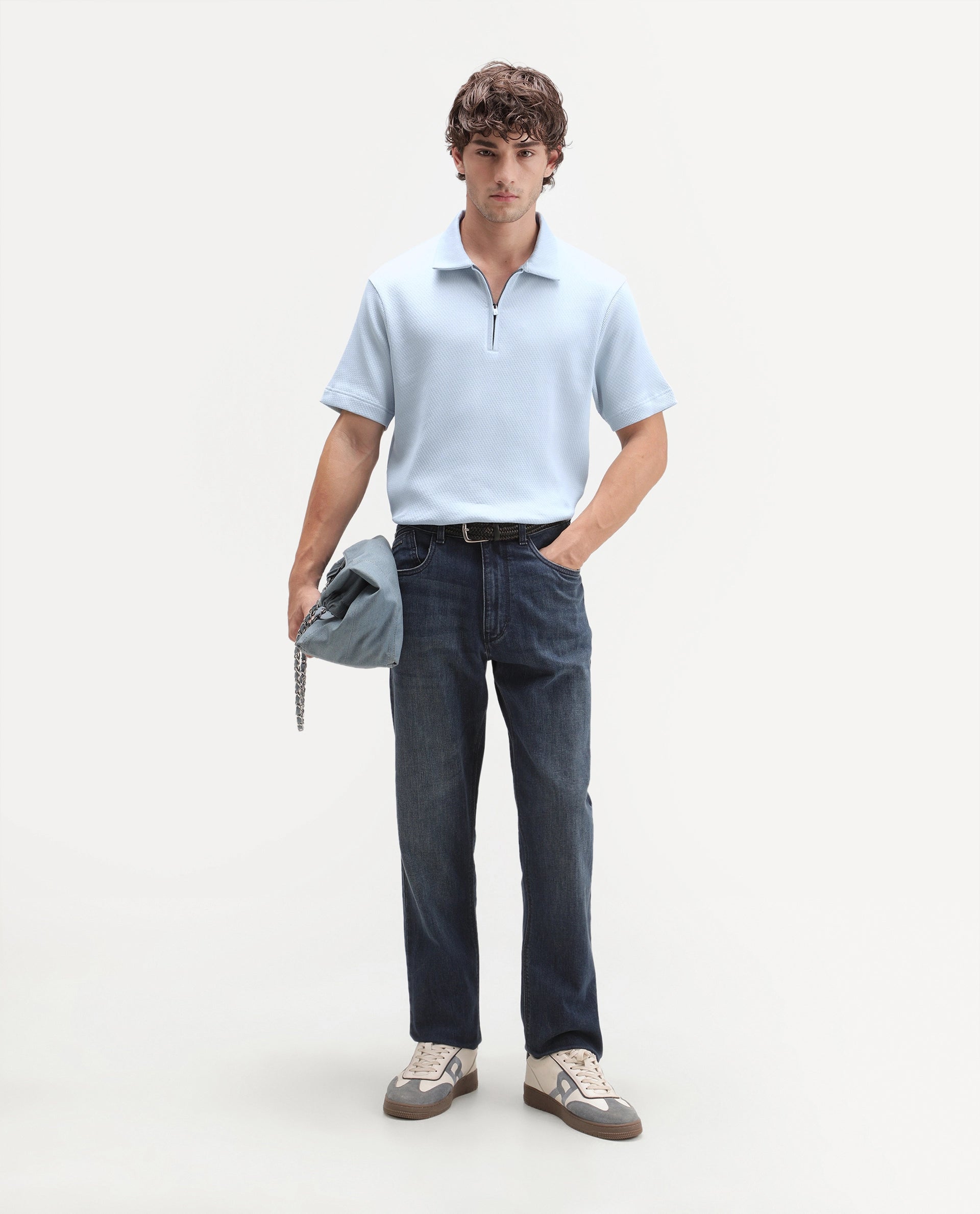 Rare Rabbit Men's Dreak Light Blue Cotton Blend Spread Collar Regular Jacquard Polo