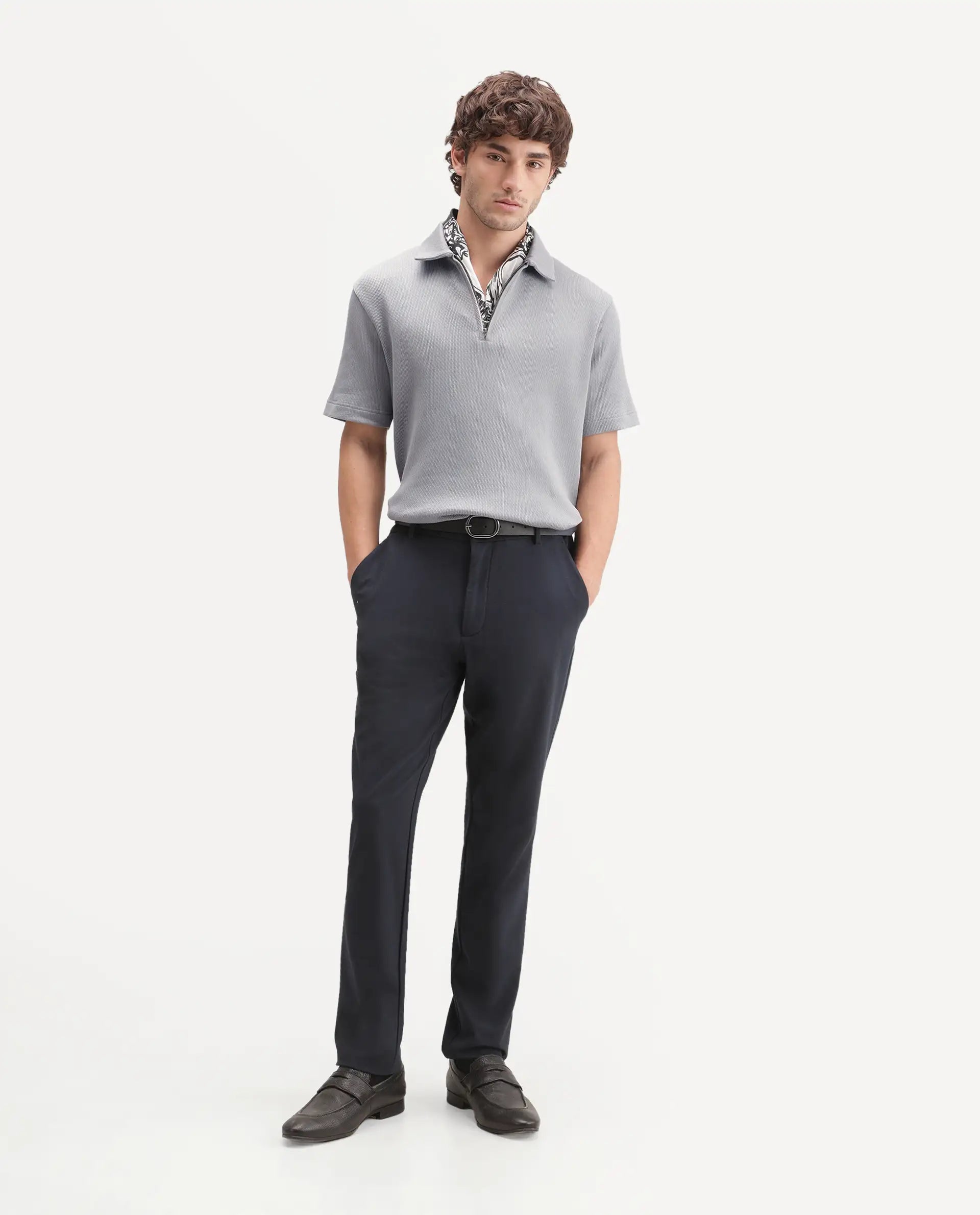 Rare Rabbit Men's Dreak Light Grey Cotton Blend Spread Collar Regular Jacquard Polo