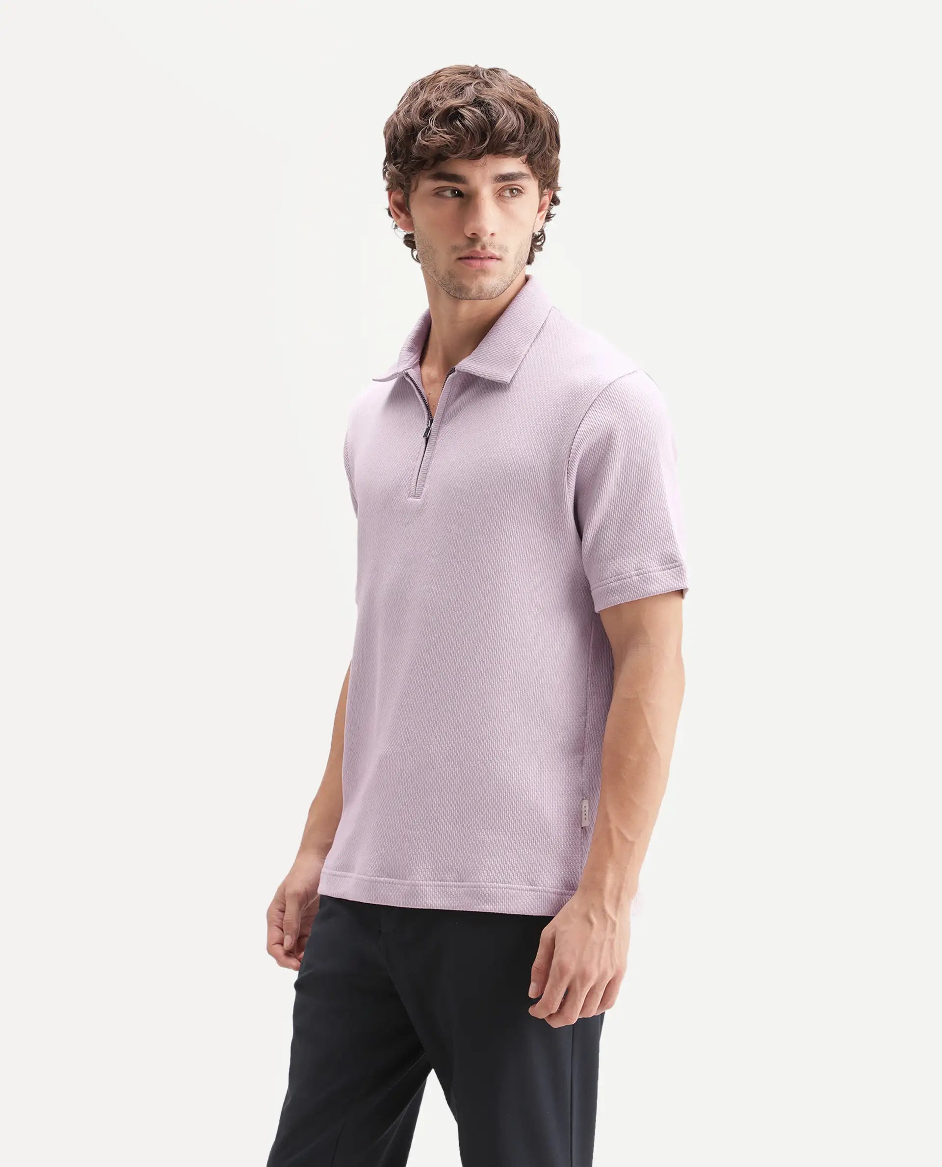 Rare Rabbit Men's Dreak Light Pink Cotton Blend Spread Collar Regular Jacquard Polo