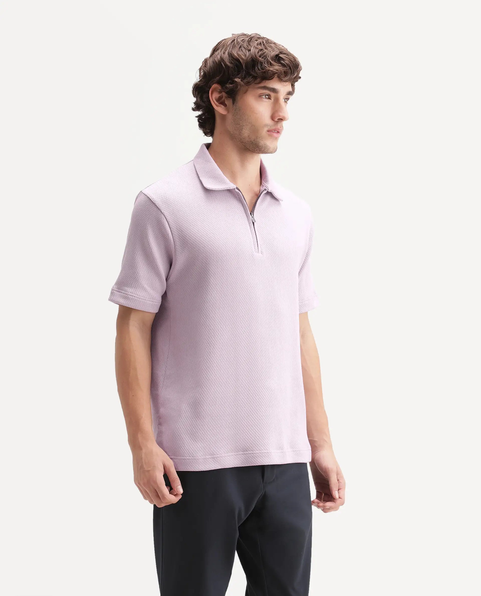 Rare Rabbit Men's Dreak Light Pink Cotton Blend Spread Collar Regular Jacquard Polo