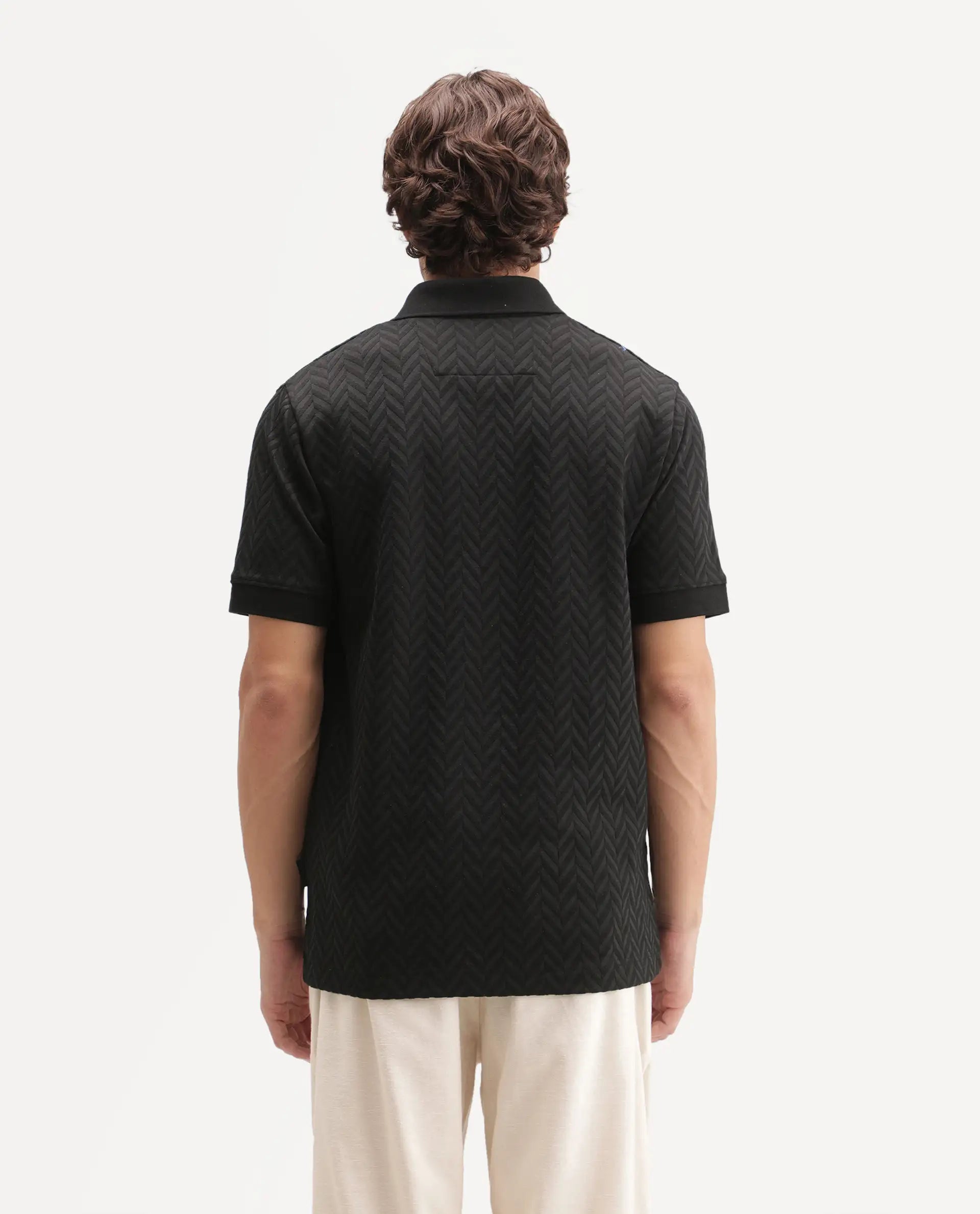 Rare Rabbit Men's Drows Black Cotton Blend Johnny Collar Regular Jacquard Polo