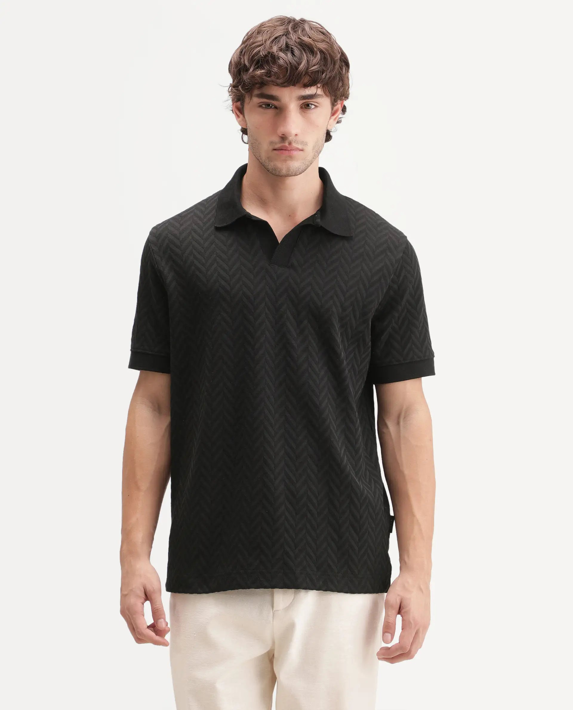 Rare Rabbit Men's Drows Black Cotton Blend Johnny Collar Regular Jacquard Polo