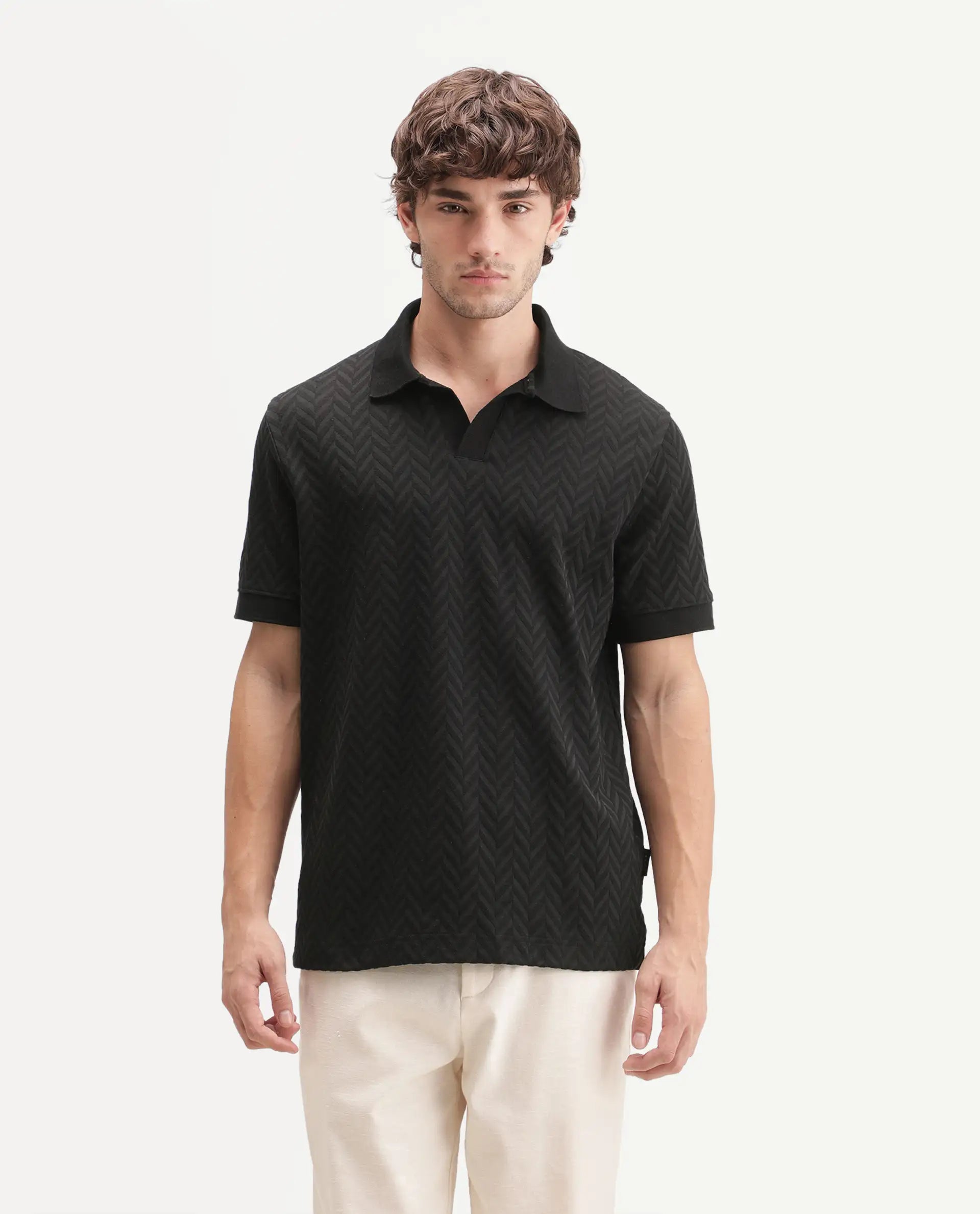 Rare Rabbit Men's Drows Black Cotton Blend Johnny Collar Regular Jacquard Polo
