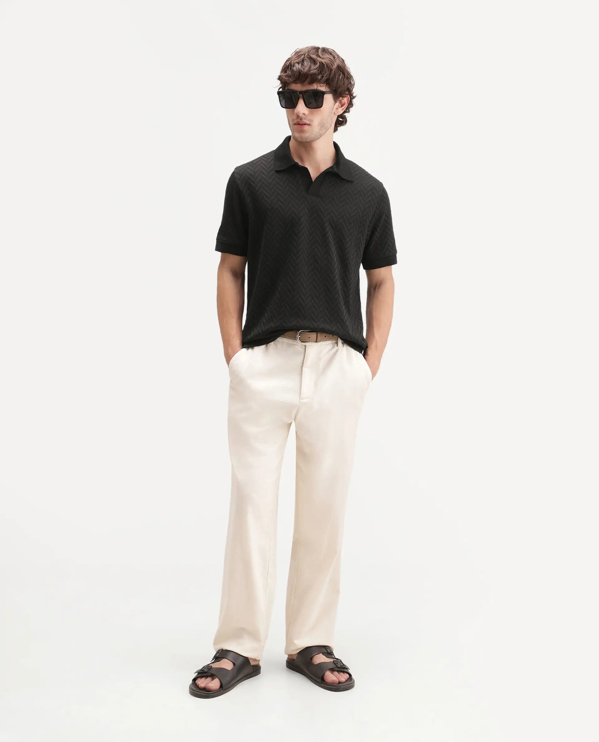 Rare Rabbit Men's Drows Black Cotton Blend Johnny Collar Regular Jacquard Polo