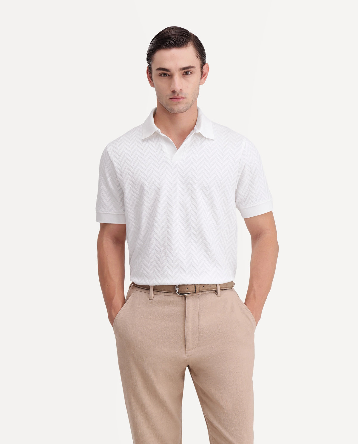 Rare Rabbit Men's Drows White Cotton Blend Johnny Collar Regular Jacquard Polo