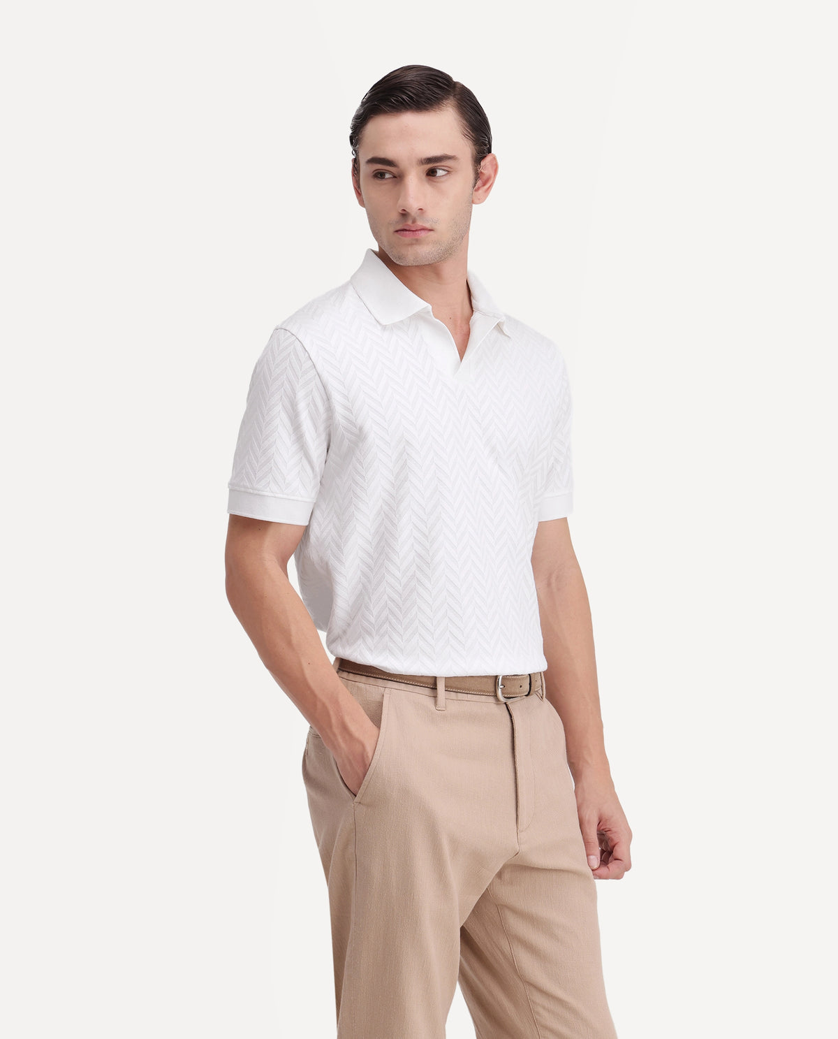 Rare Rabbit Men's Drows White Cotton Blend Johnny Collar Regular Jacquard Polo