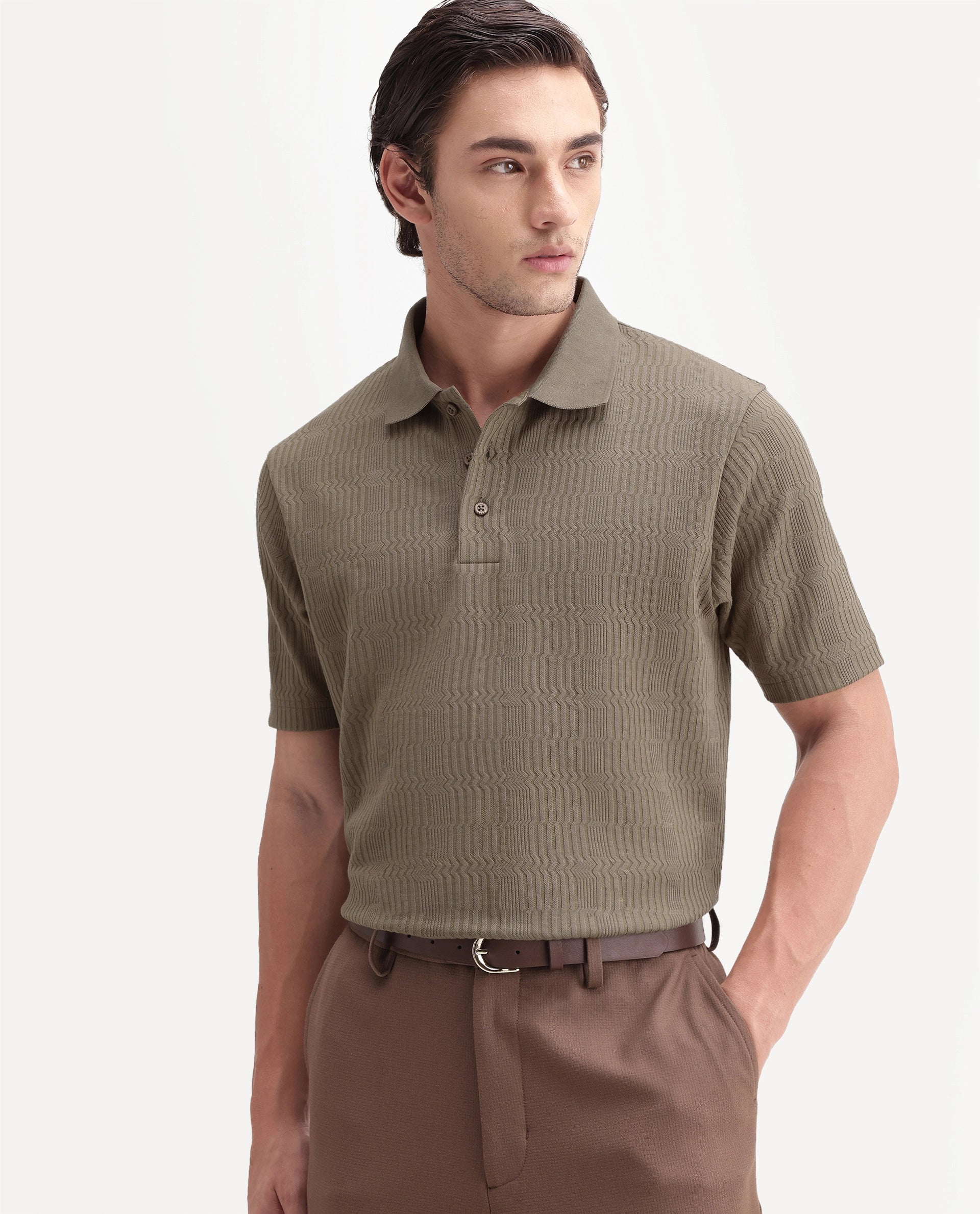 Rare Rabbit Men's Jacks Brown Cotton Blend Spread Collar Regular Jacquard Polo