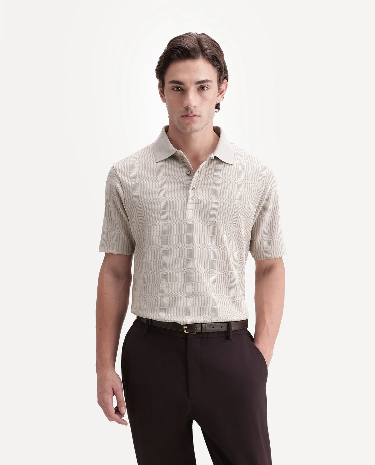 Rare Rabbit Men's Jacks Off White Cotton Blend Spread Collar Regular Jacquard Polo